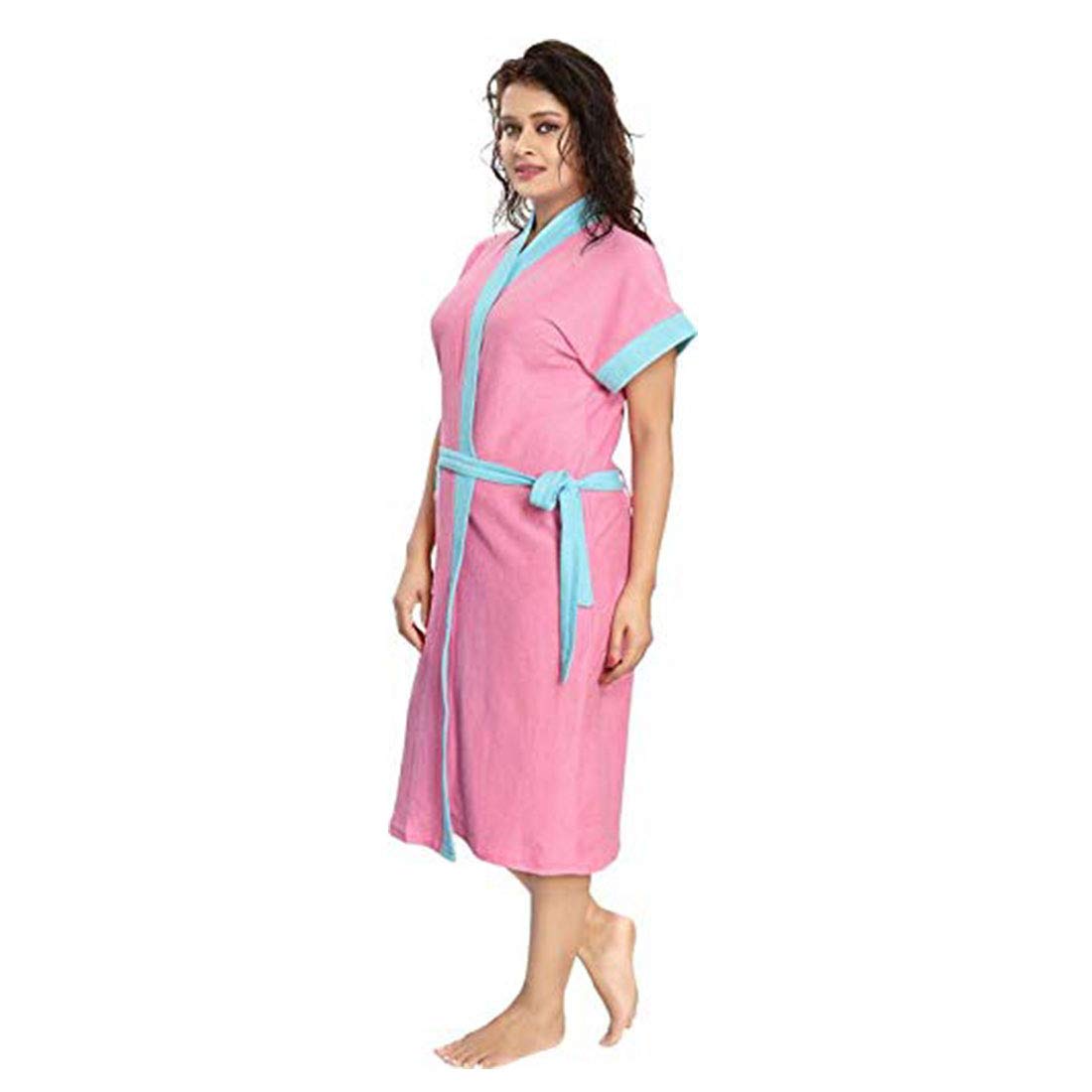 Poorak Two Tone Cotton Half Sleeves Bathrobe for Women - Free Size fit Upto 42 inches - Blue