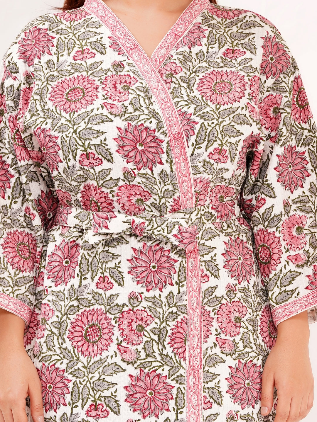 Unisex Block Printed Waffle Pure Cotton Full sleeves Bathrobe