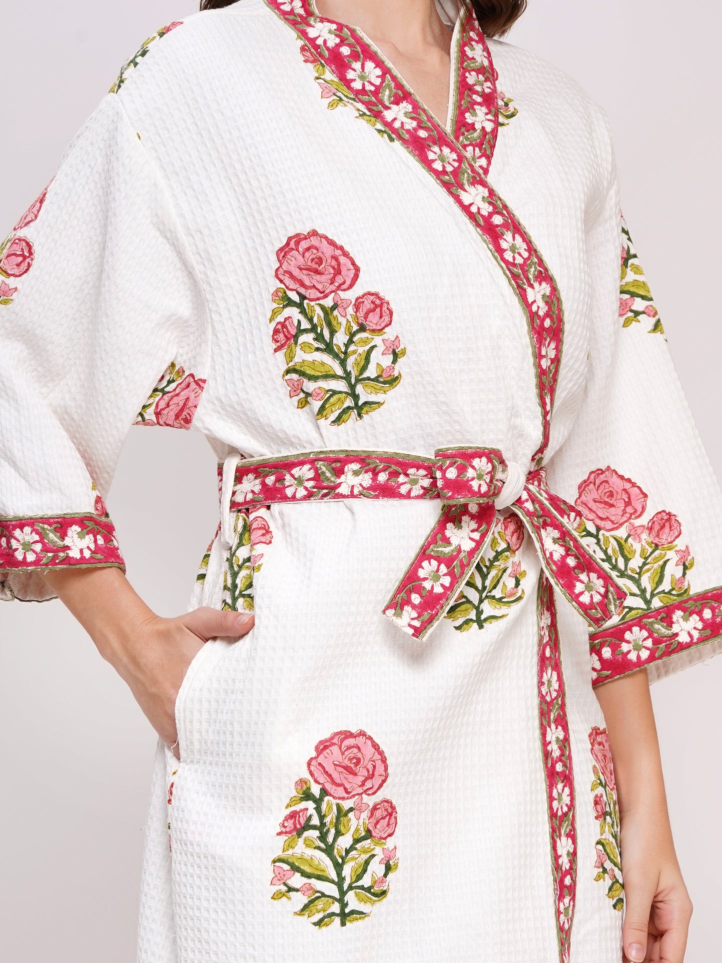 Unisex Block Printed Waffle Pure Cotton Full sleeves Bathrobe