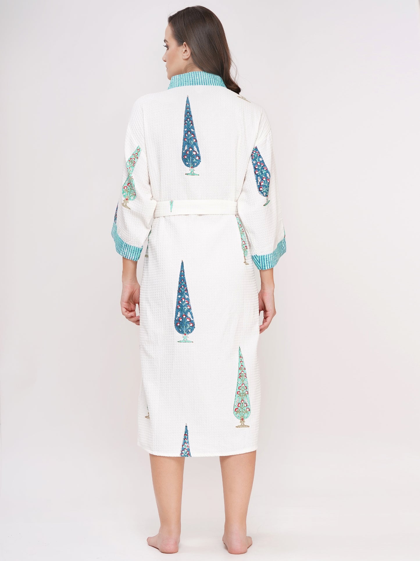 Unisex Block Printed Waffle Pure Cotton Full sleeves Bathrobe