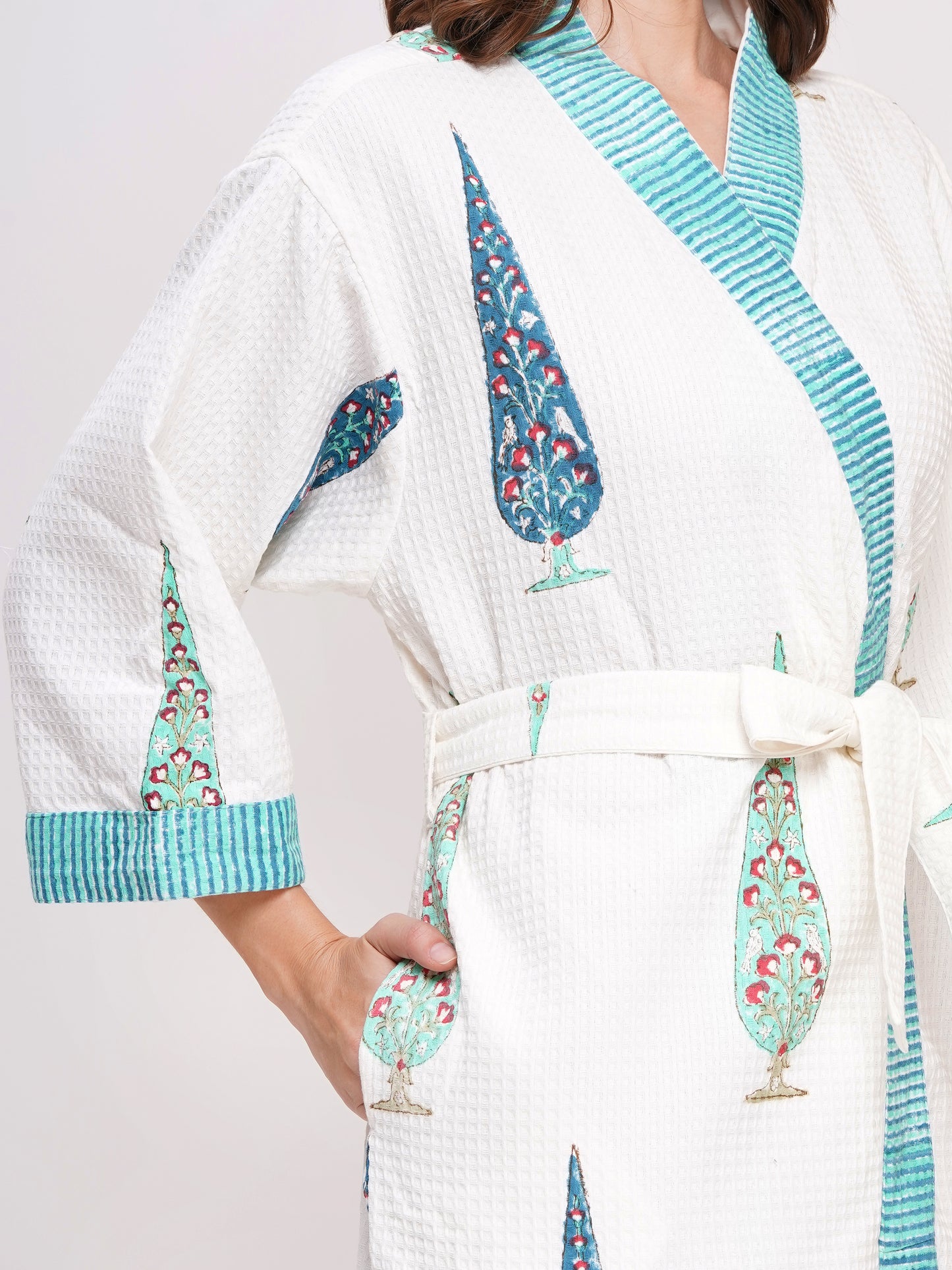 Unisex Block Printed Waffle Pure Cotton Full sleeves Bathrobe