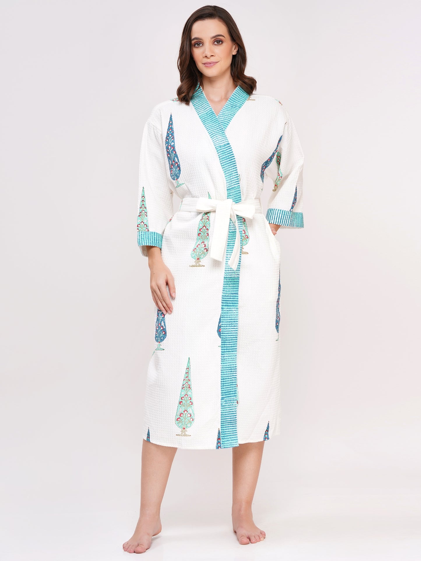 Unisex Block Printed Waffle Pure Cotton Full sleeves Bathrobe