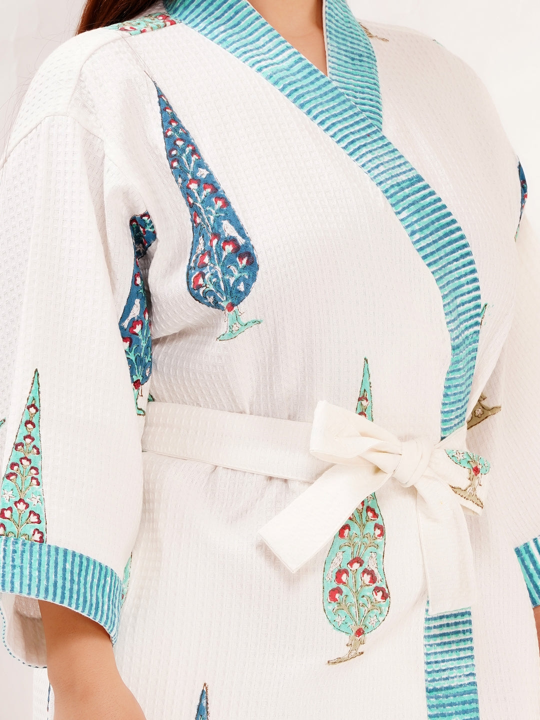 Unisex Block Printed Waffle Pure Cotton Full sleeves Bathrobe