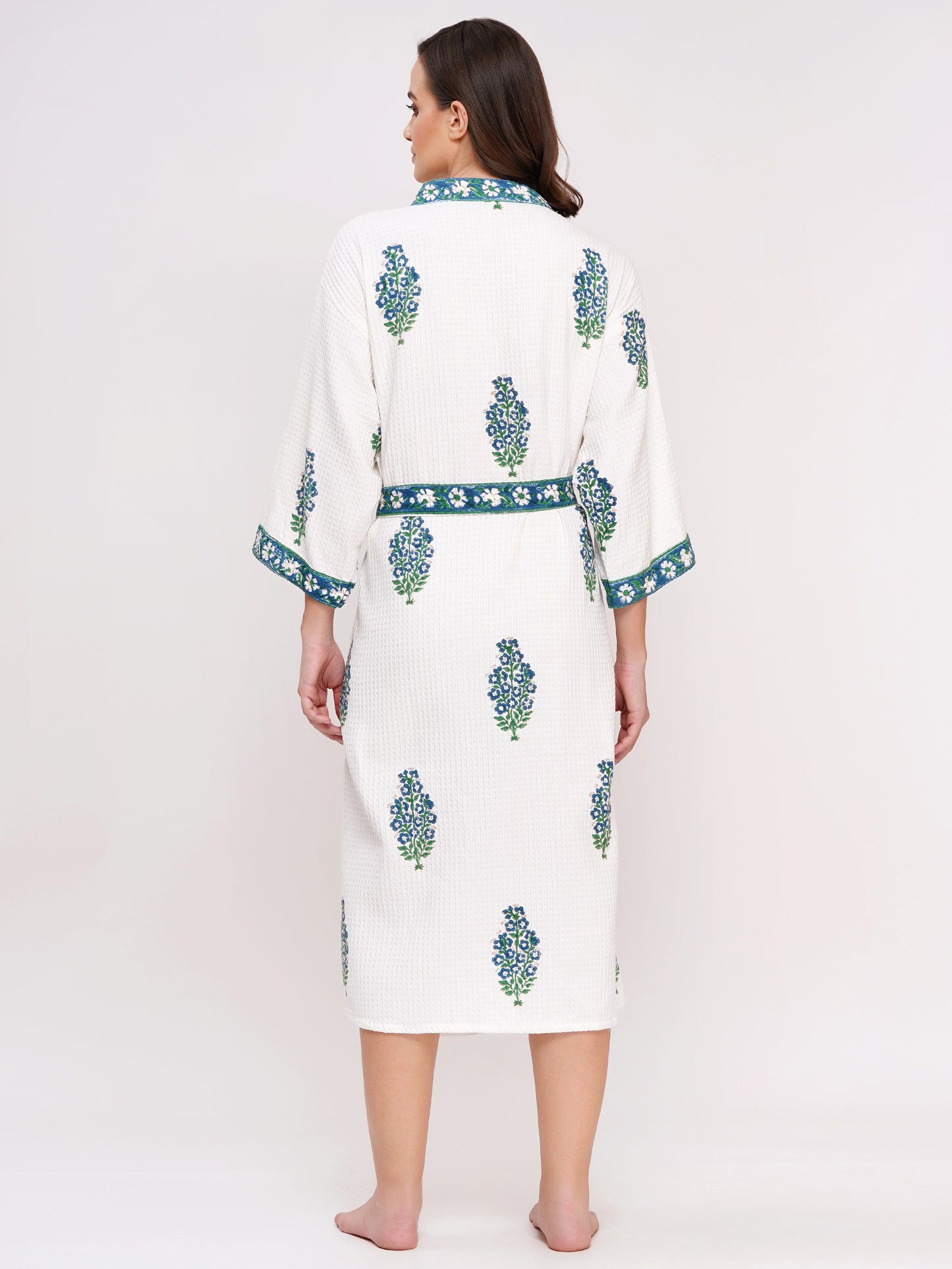 Unisex Block Printed Waffle Pure Cotton Full sleeves Bathrobe