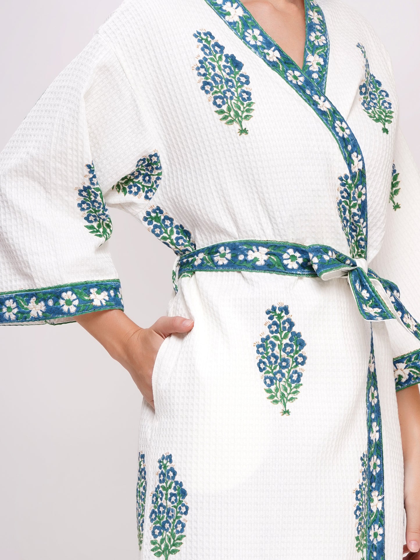 Unisex Block Printed Waffle Pure Cotton Full sleeves Bathrobe