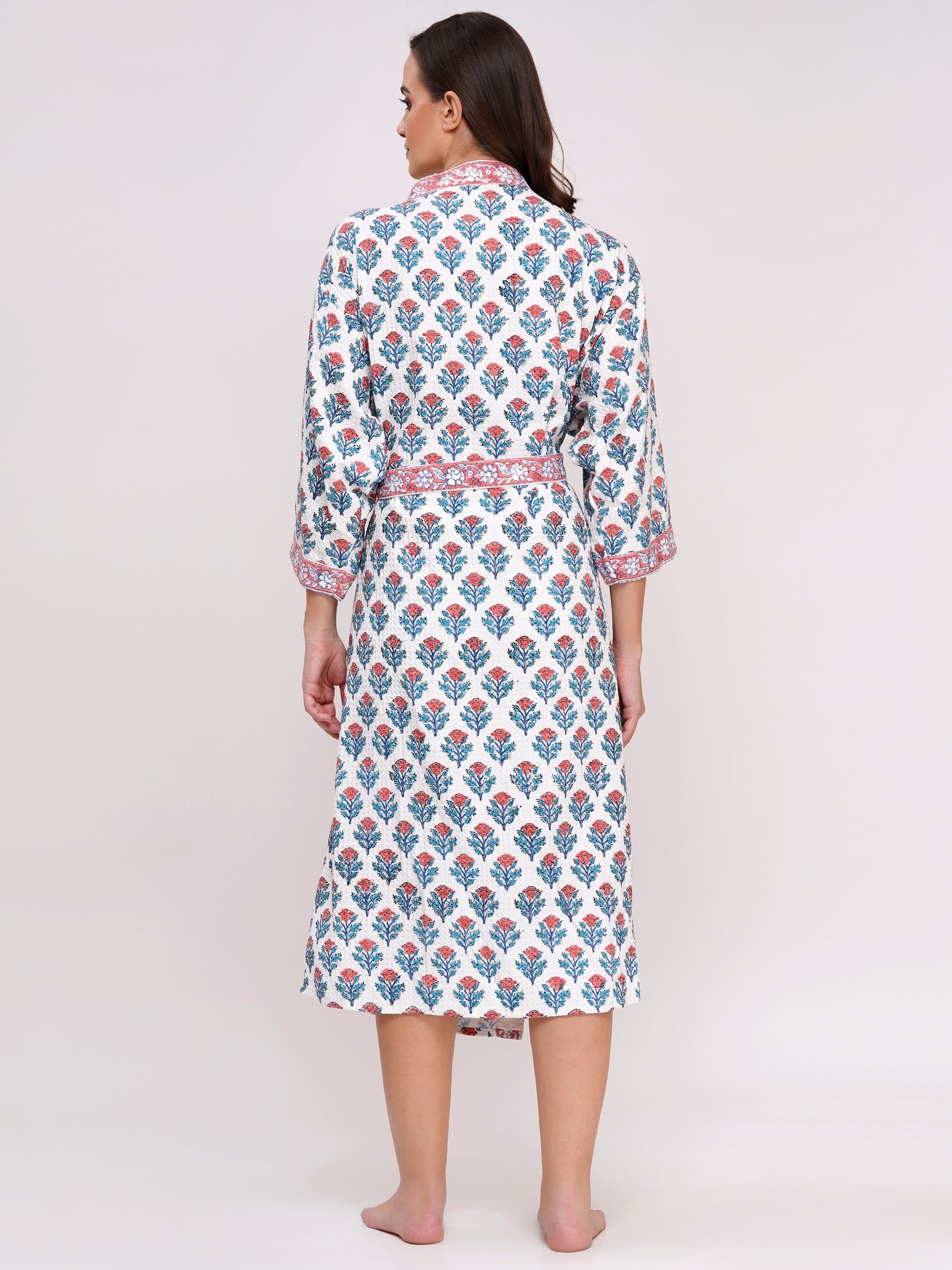 Unisex Block Printed Waffle Pure Cotton Full sleeves Bathrobe