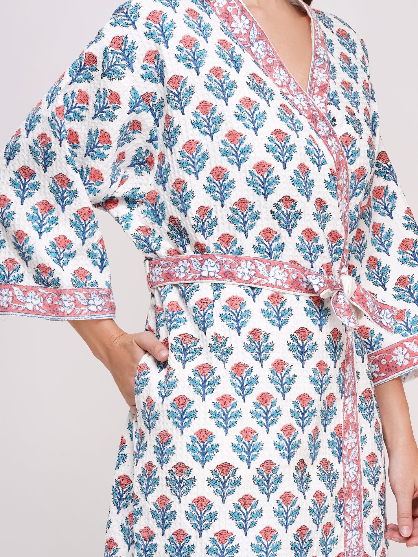 Unisex Block Printed Waffle Pure Cotton Full sleeves Bathrobe