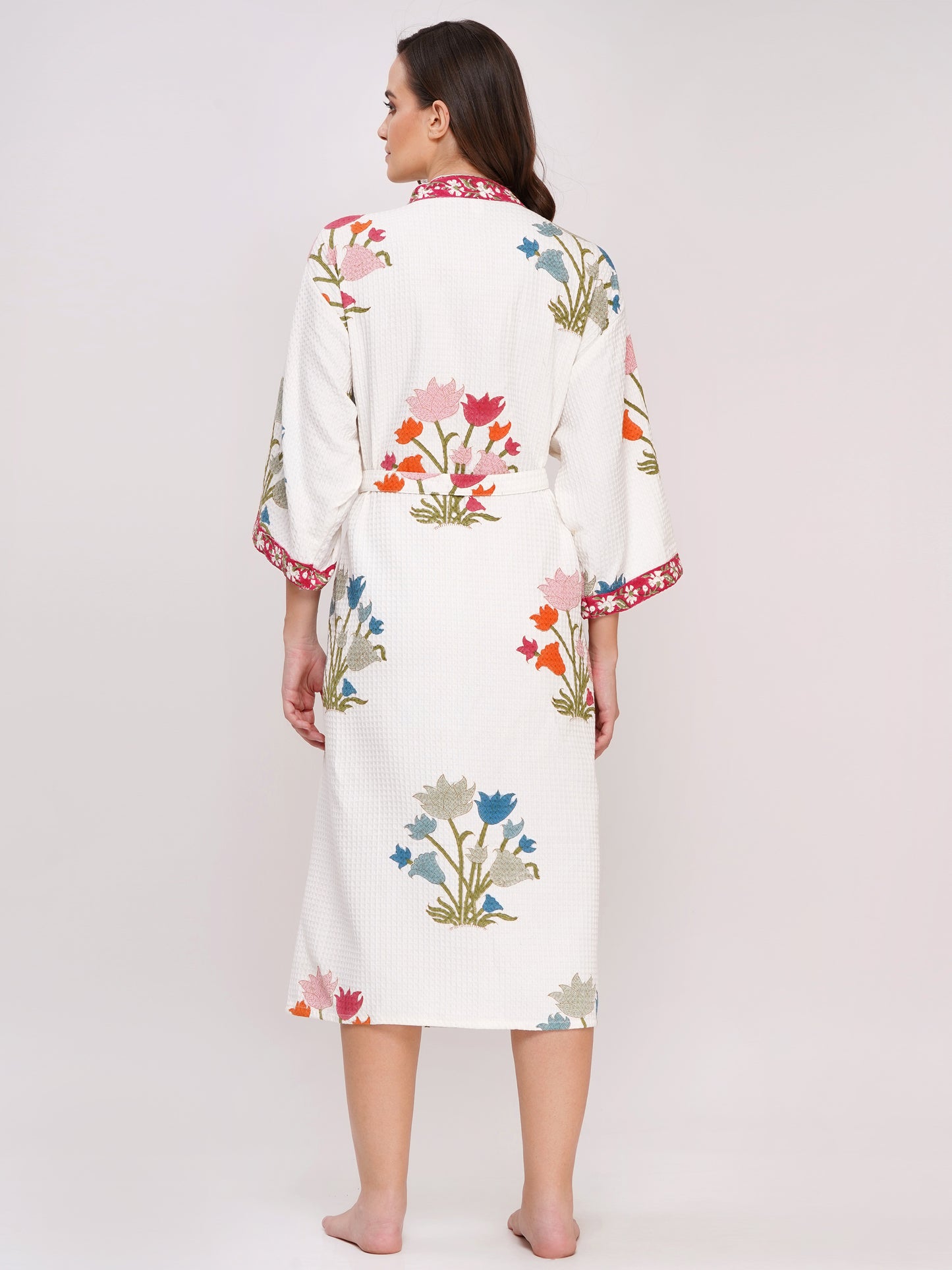 Unisex Block Printed Waffle Pure Cotton Full sleeves Bathrobe