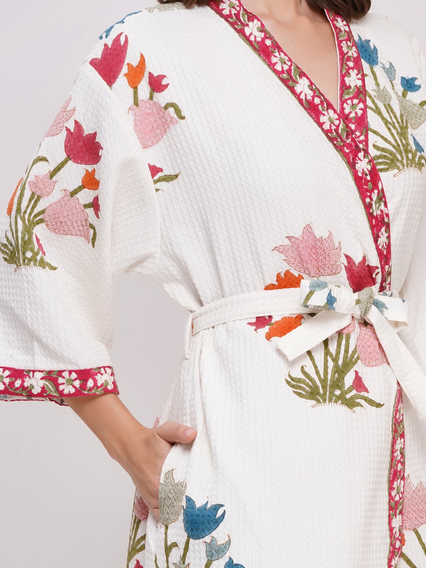 Unisex Block Printed Waffle Pure Cotton Full sleeves Bathrobe
