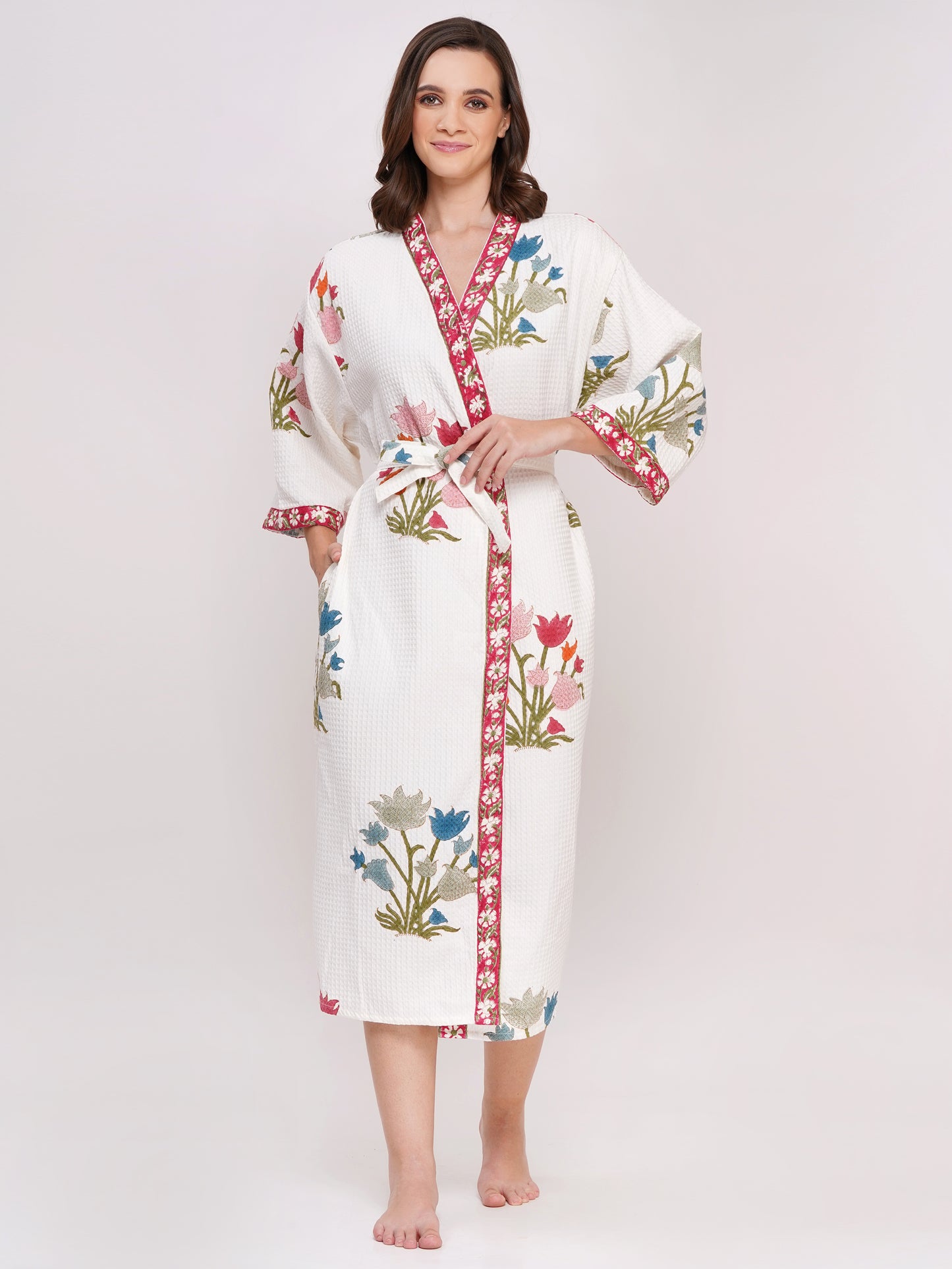 Unisex Block Printed Waffle Pure Cotton Full sleeves Bathrobe