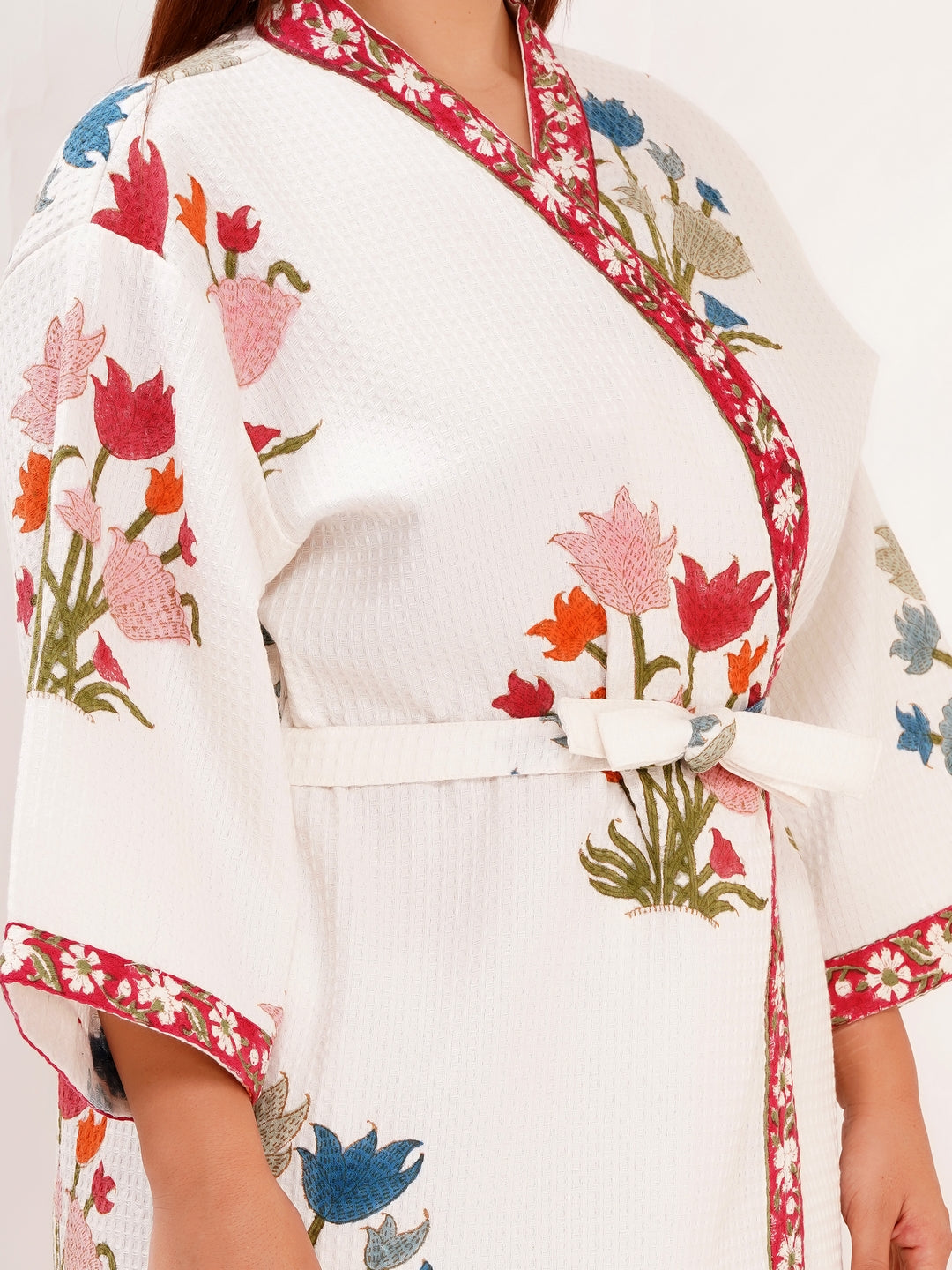 Unisex Block Printed Waffle Pure Cotton Full sleeves Bathrobe