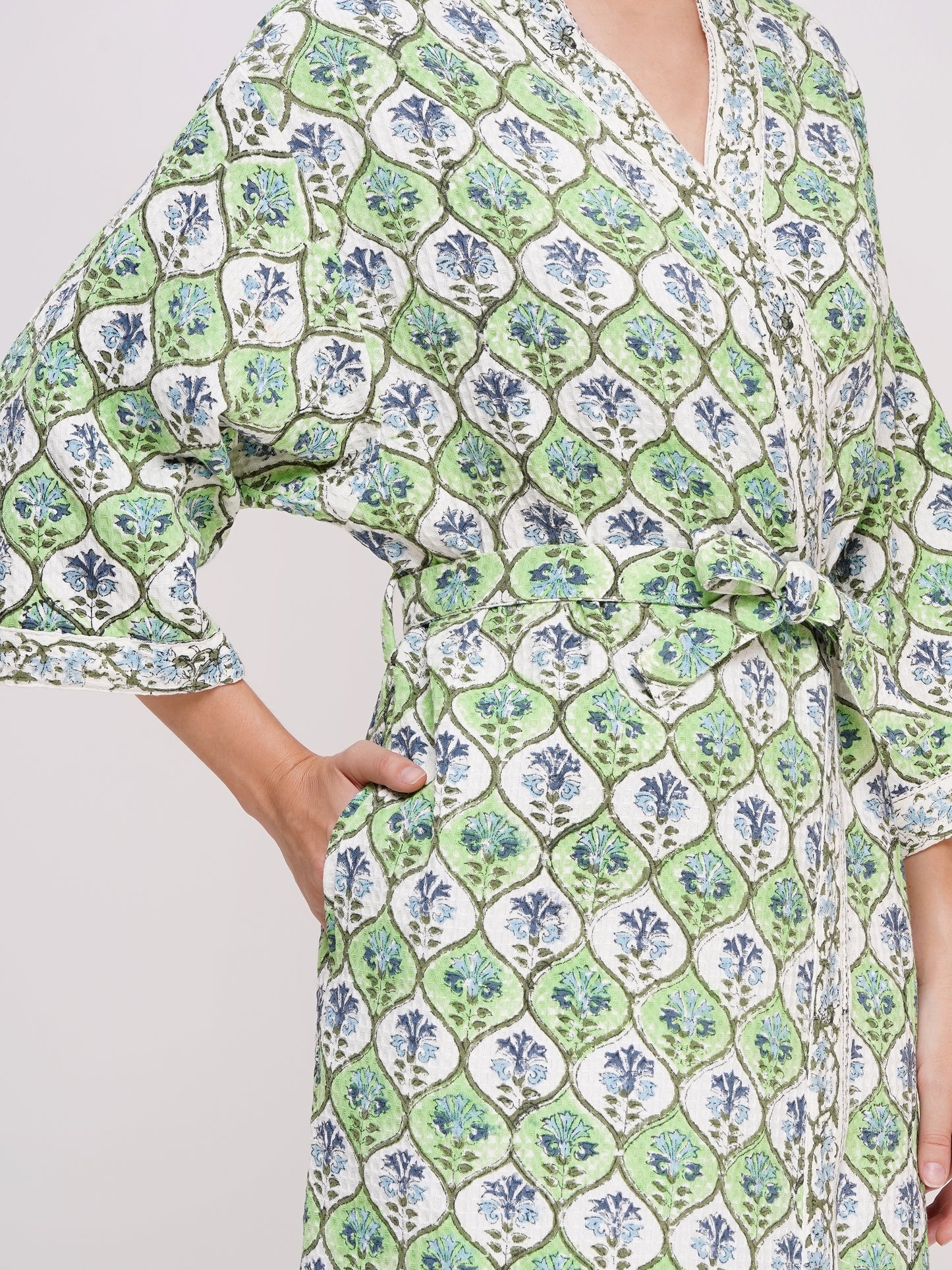 Unisex Block Printed Waffle Pure Cotton Full sleeves Bathrobe