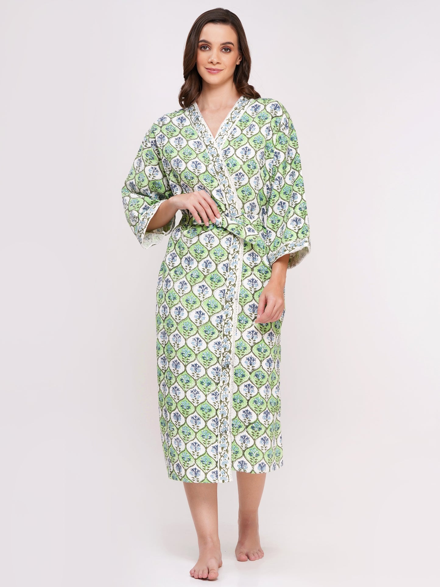 Unisex Block Printed Waffle Pure Cotton Full sleeves Bathrobe