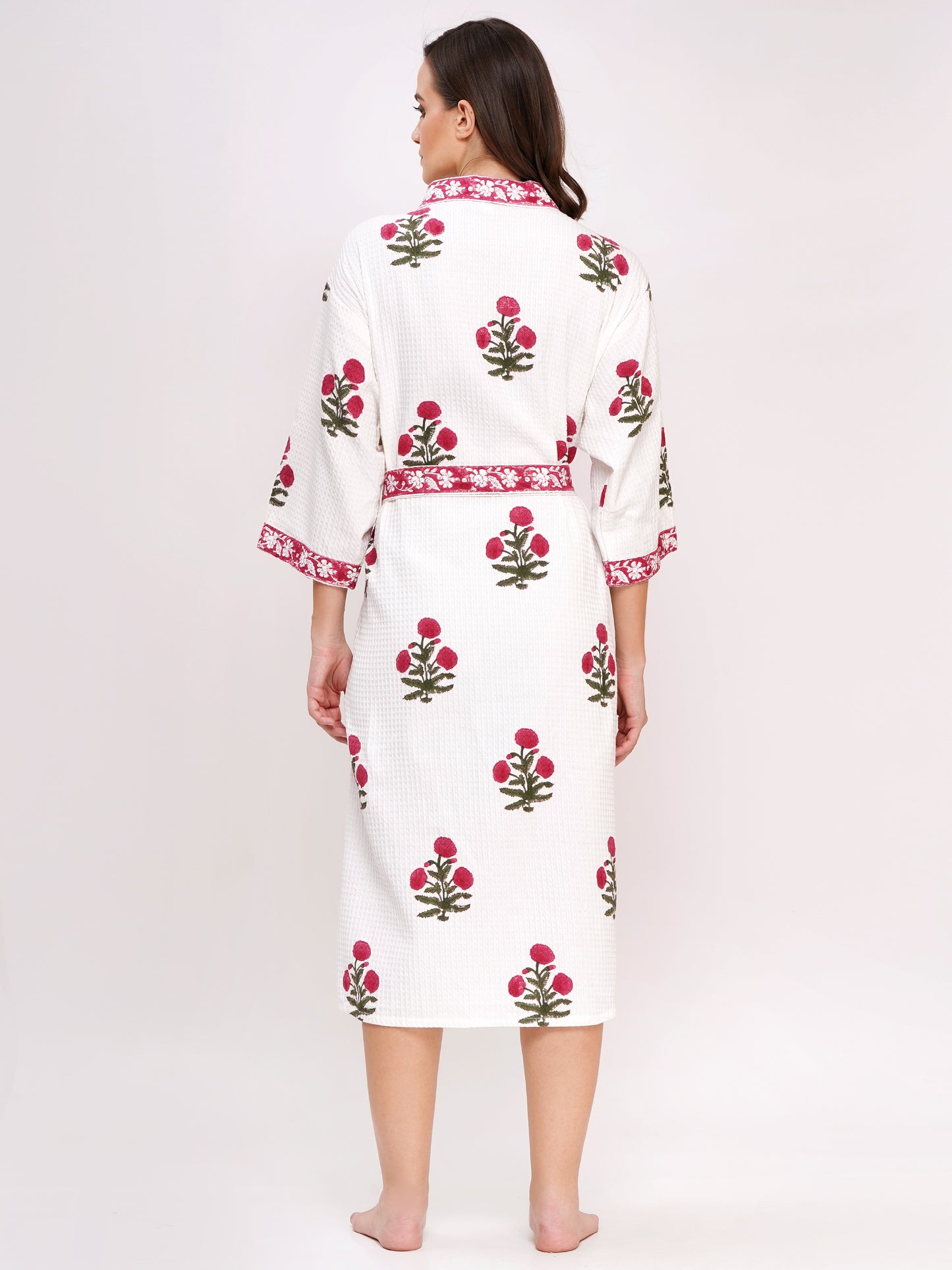Unisex Block Printed Waffle Pure Cotton Full sleeves Bathrobe
