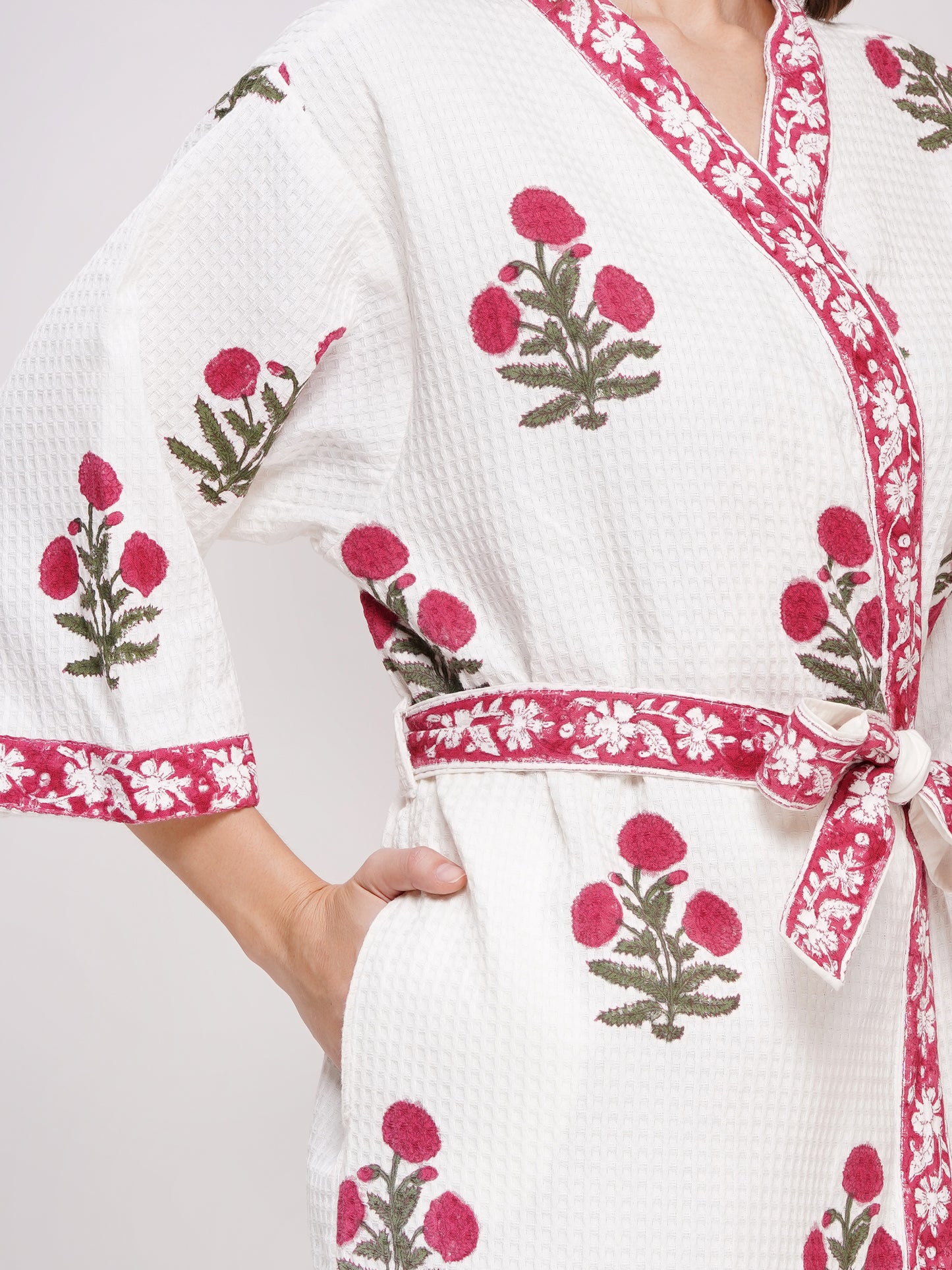 Unisex Block Printed Waffle Pure Cotton Full sleeves Bathrobe