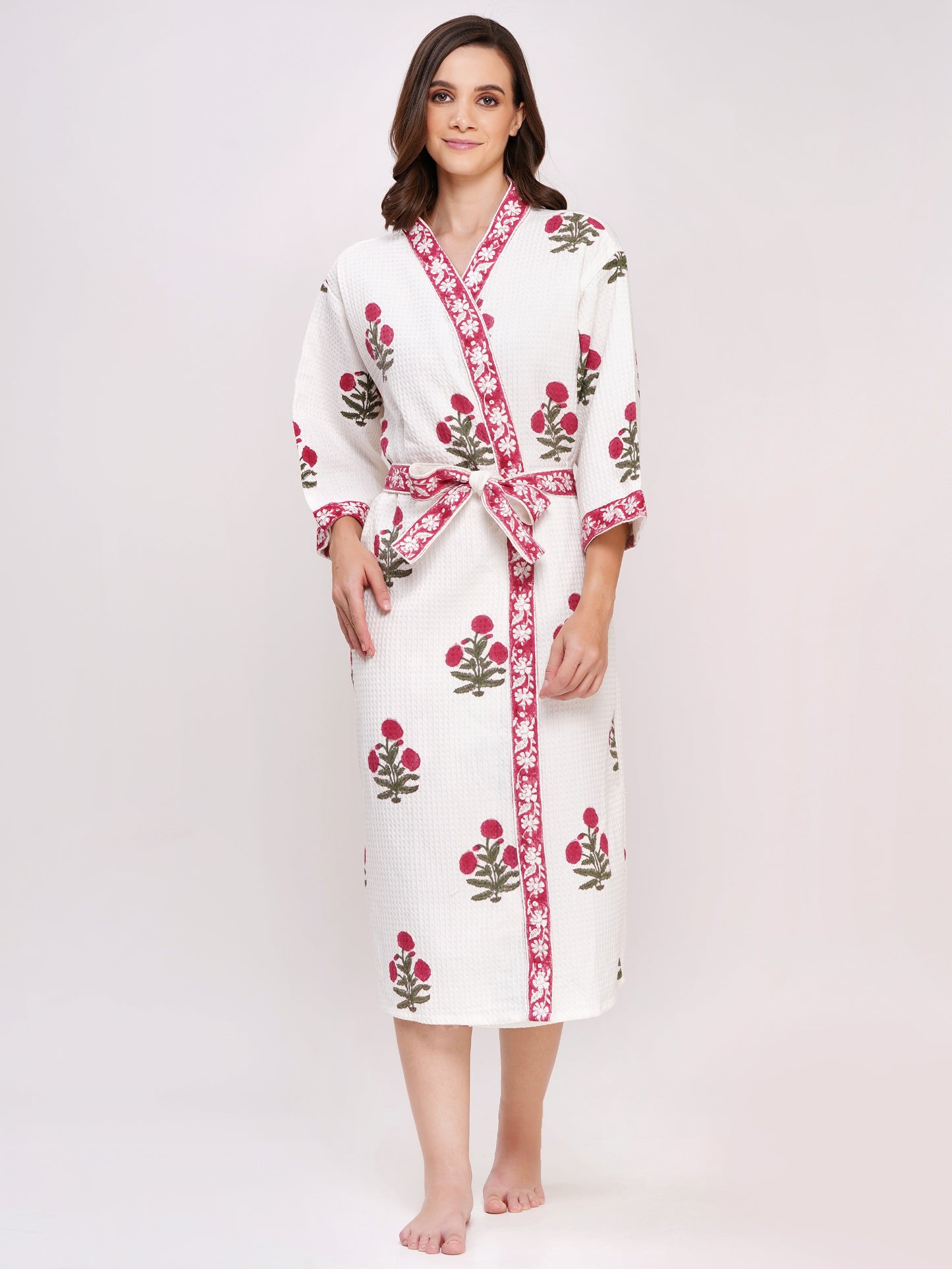Unisex Block Printed Waffle Pure Cotton Full sleeves Bathrobe