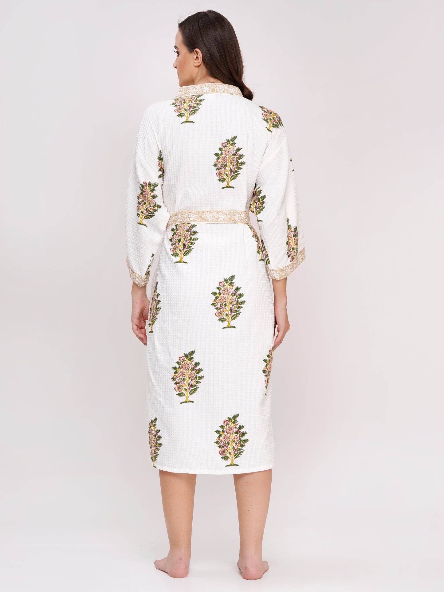 Unisex Block Printed Waffle Pure Cotton Full sleeves Bathrobe