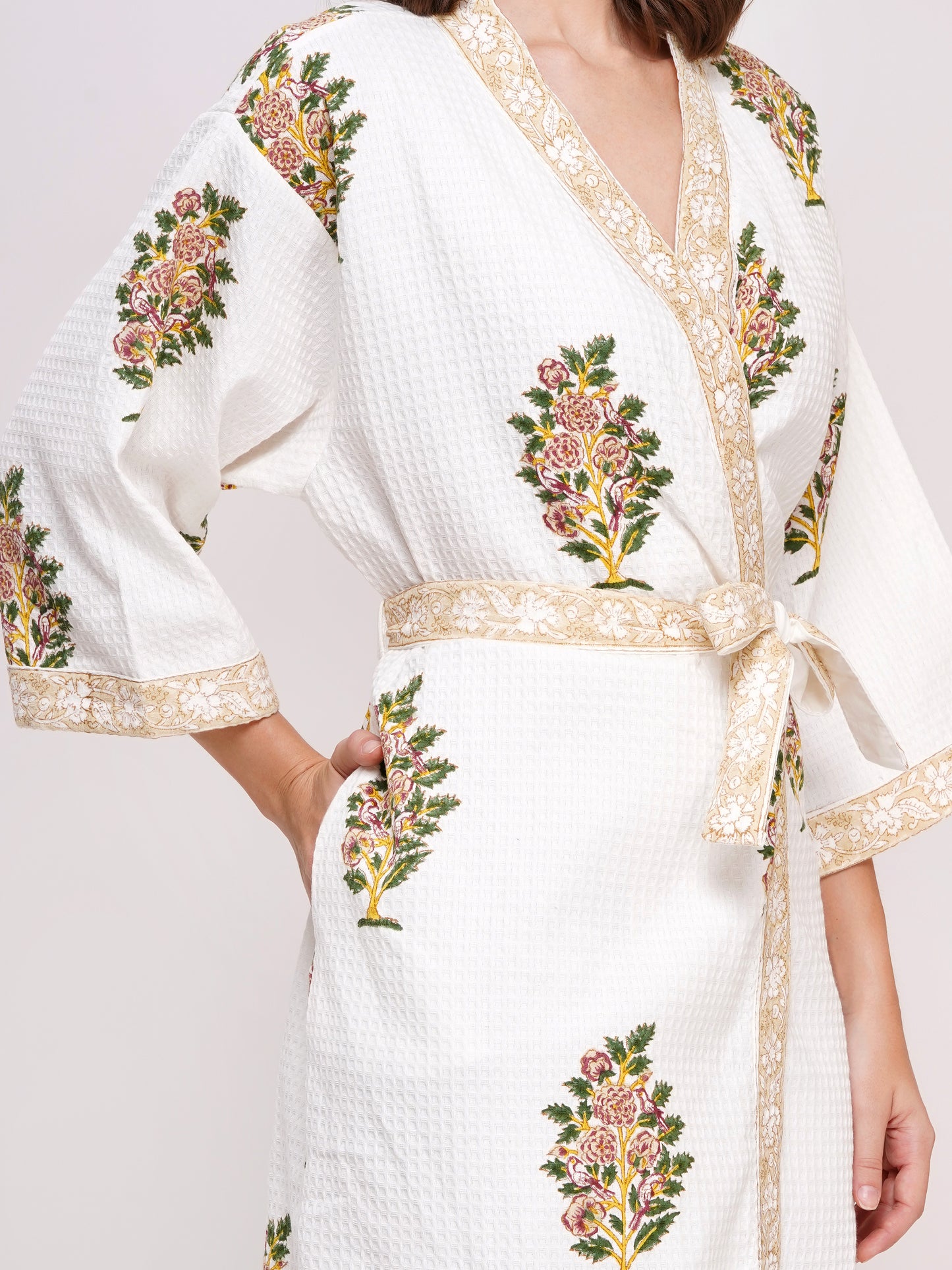 Unisex Block Printed Waffle Pure Cotton Full sleeves Bathrobe