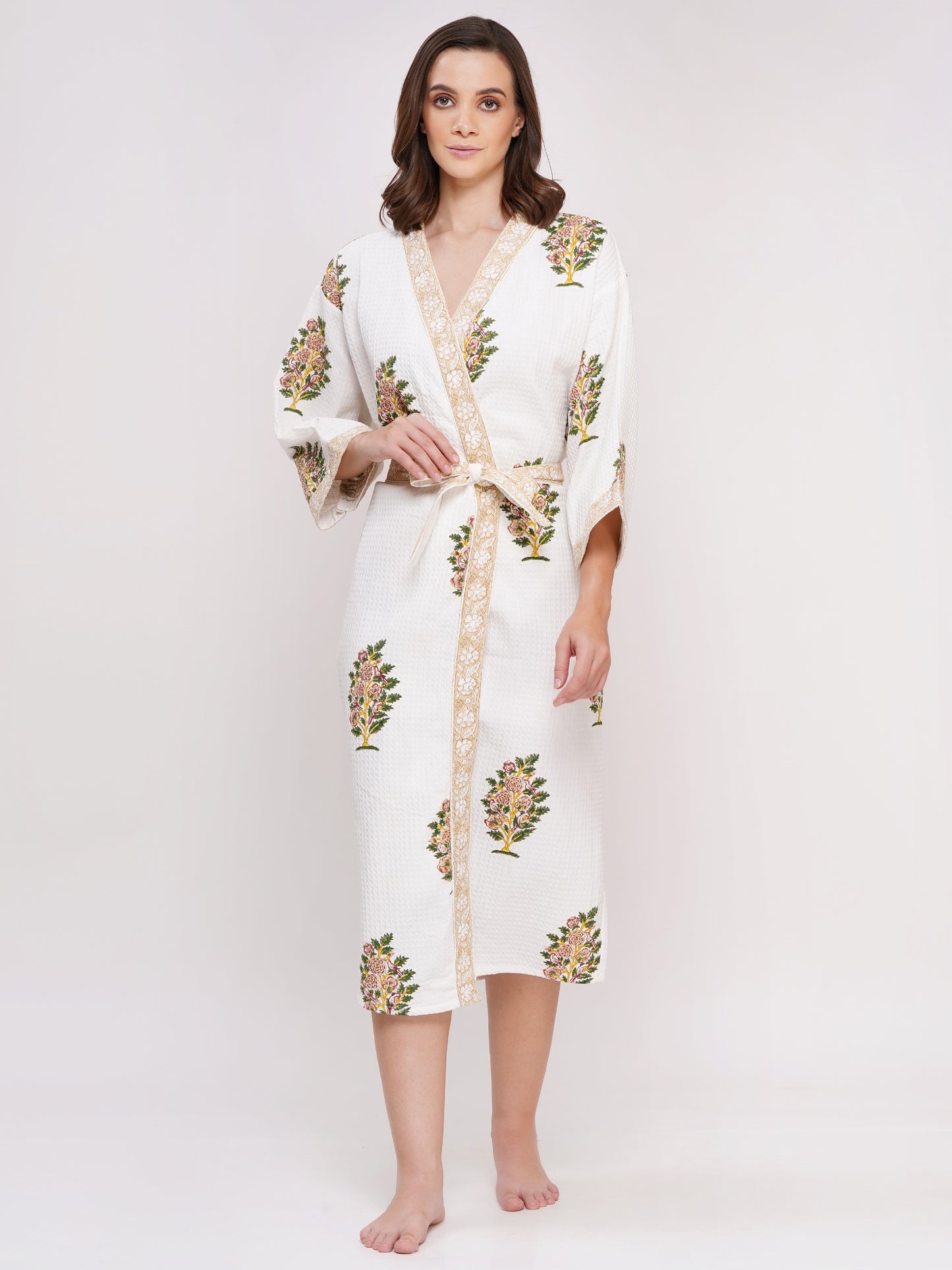 Unisex Block Printed Waffle Pure Cotton Full sleeves Bathrobe