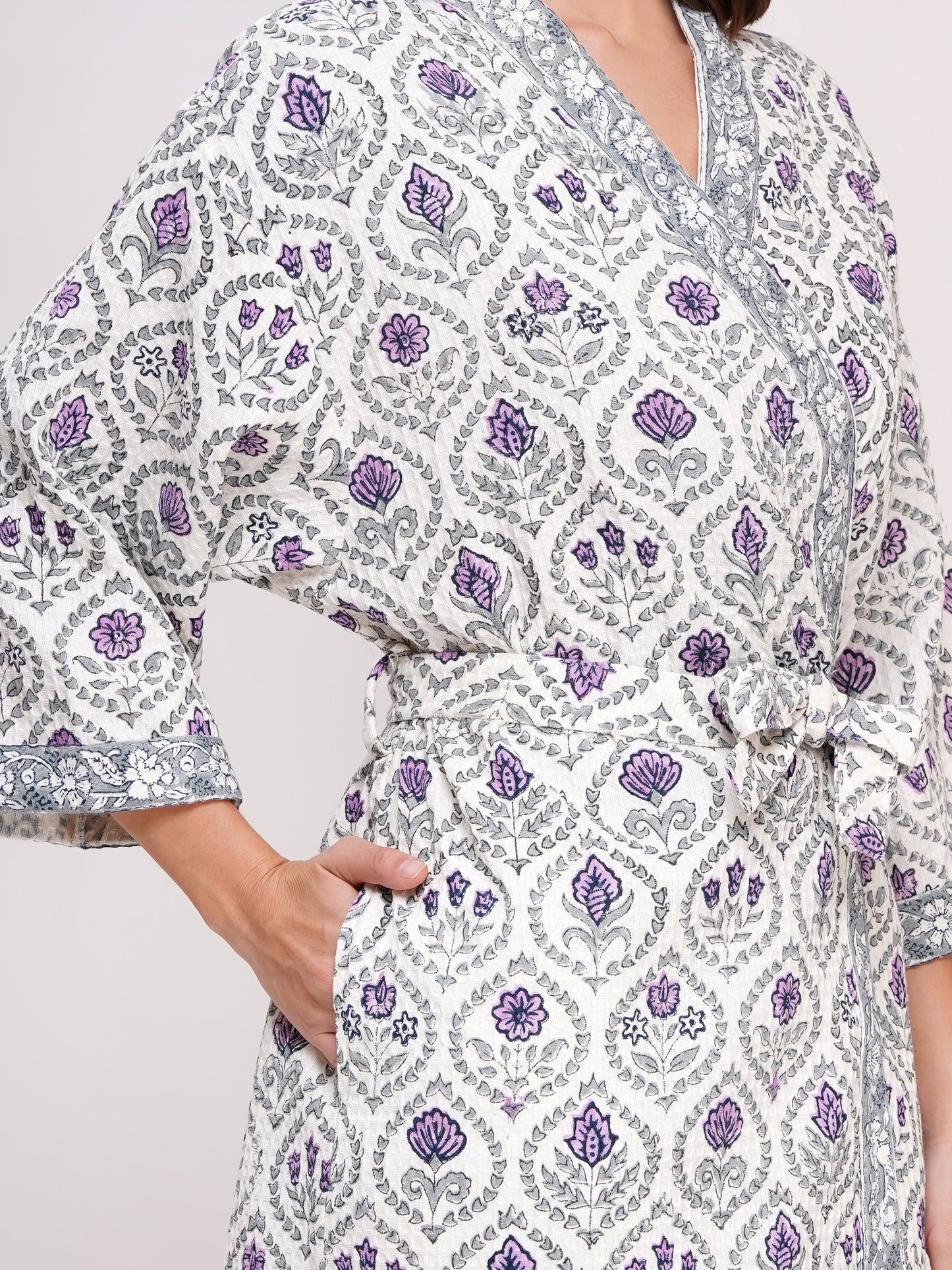 Unisex Block Printed Waffle Pure Cotton Full sleeves Bathrobe