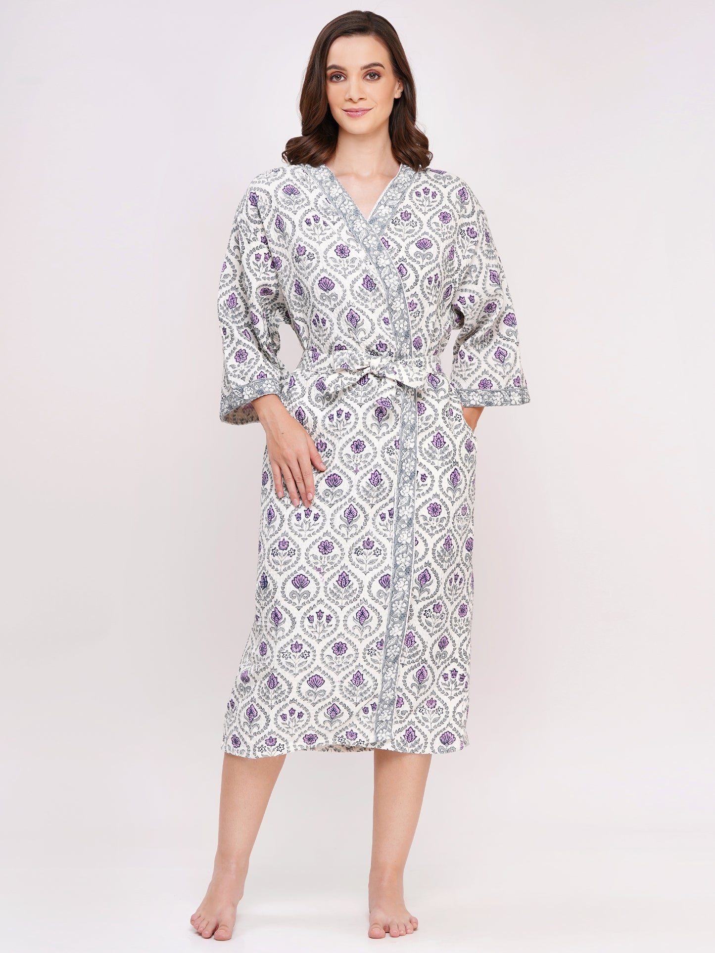 Unisex Block Printed Waffle Pure Cotton Full sleeves Bathrobe