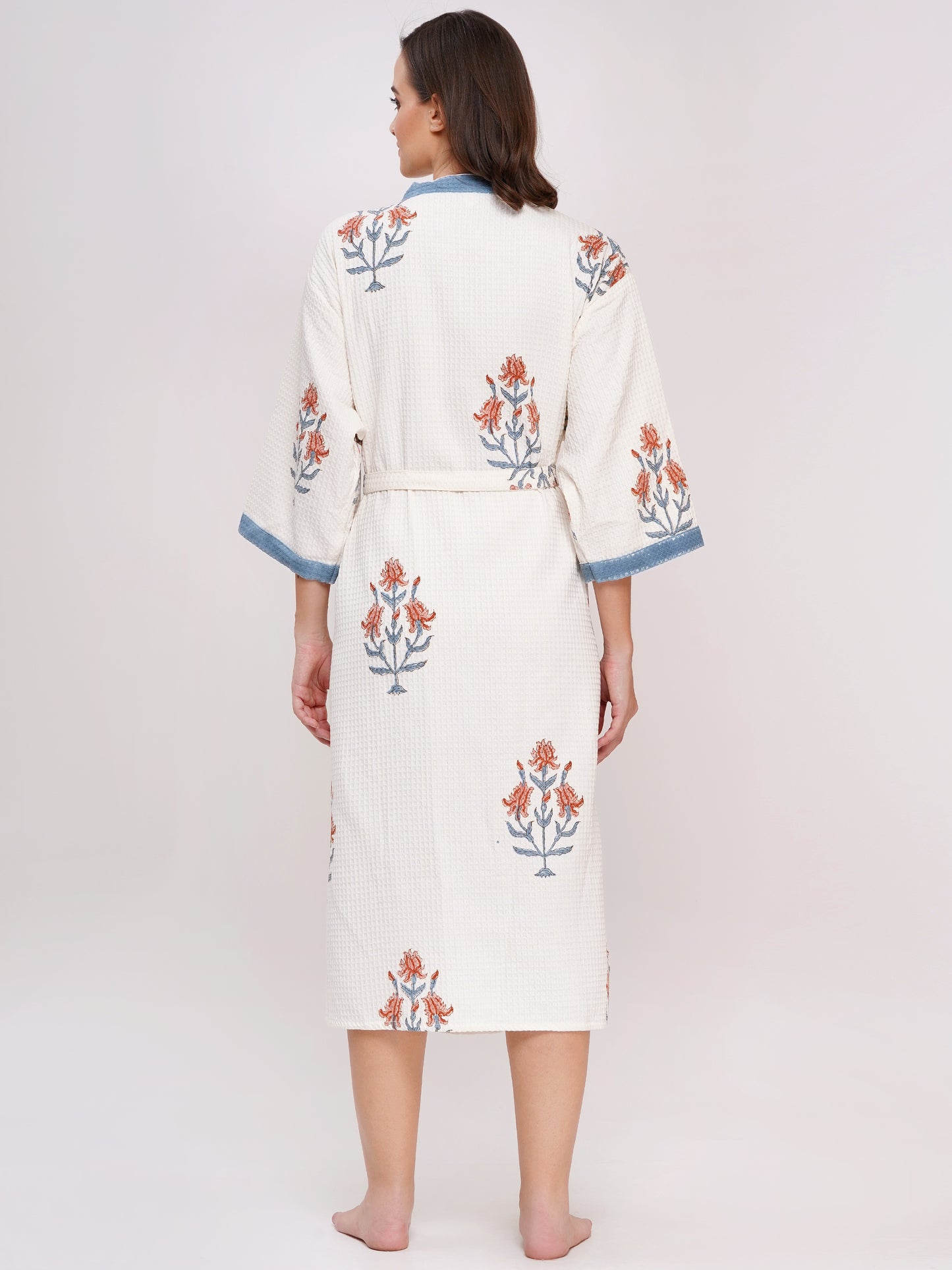 Unisex Block Printed Waffle Pure Cotton Full sleeves Bathrobe
