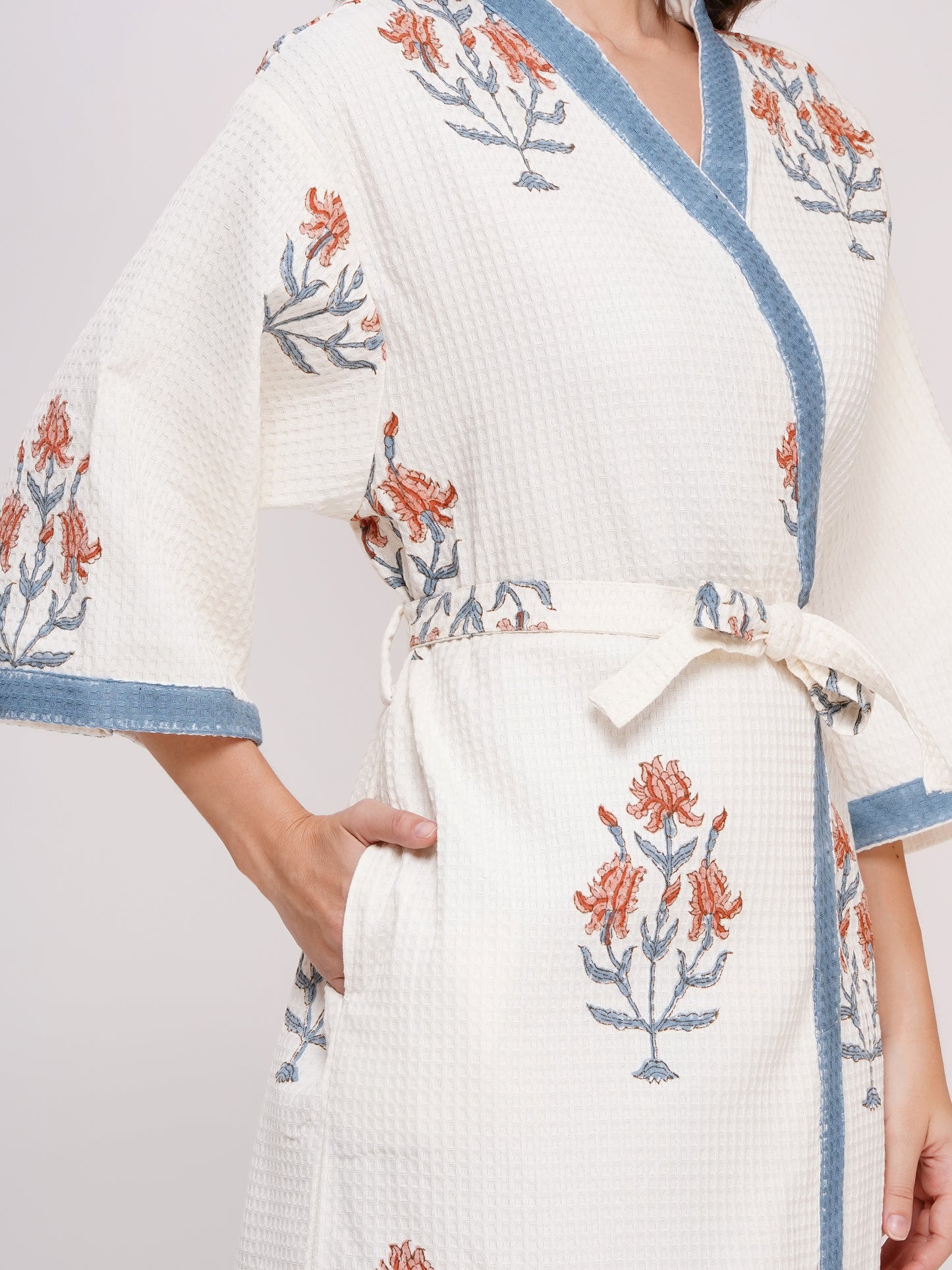 Unisex Block Printed Waffle Pure Cotton Full sleeves Bathrobe