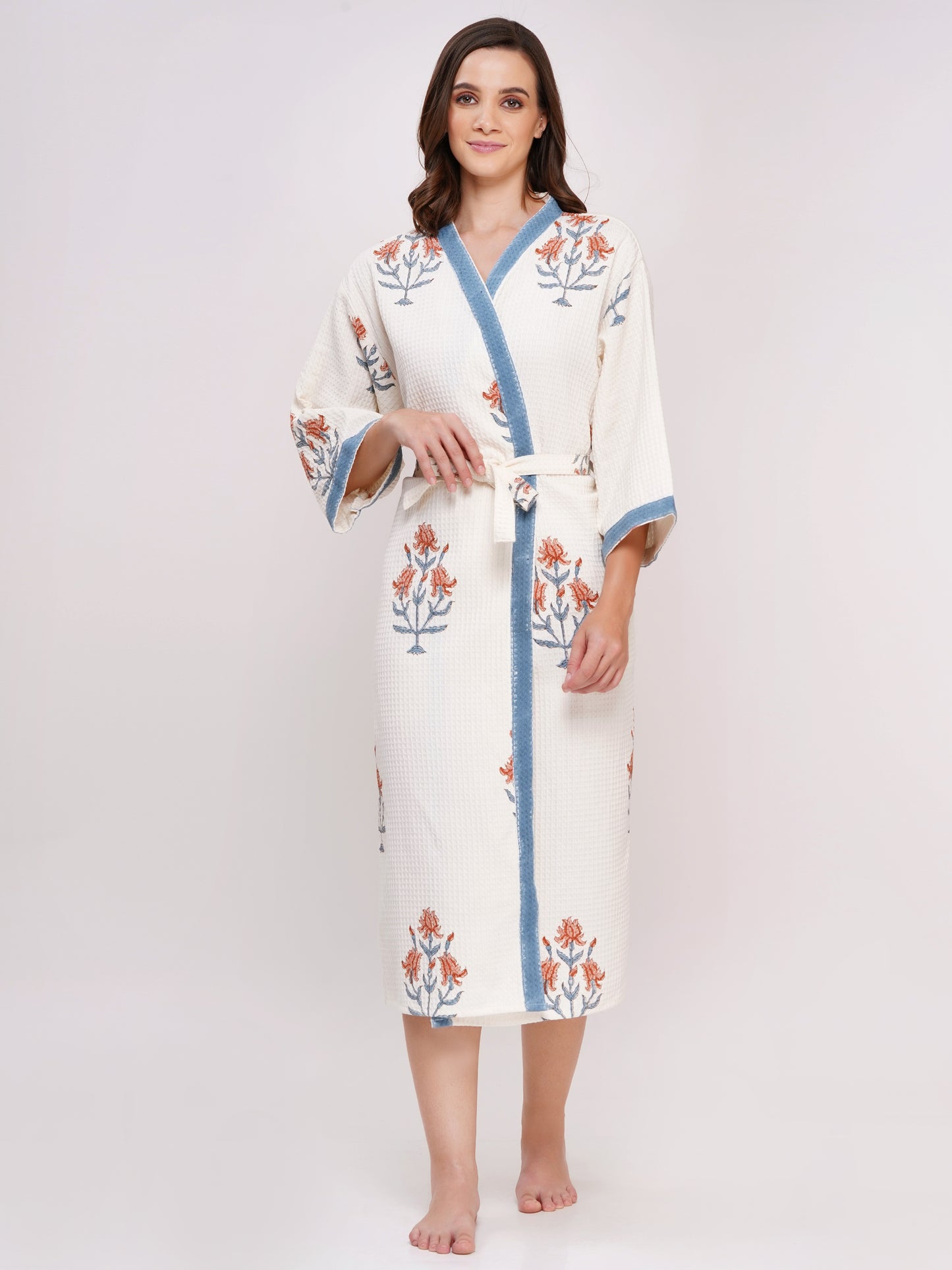 Unisex Block Printed Waffle Pure Cotton Full sleeves Bathrobe