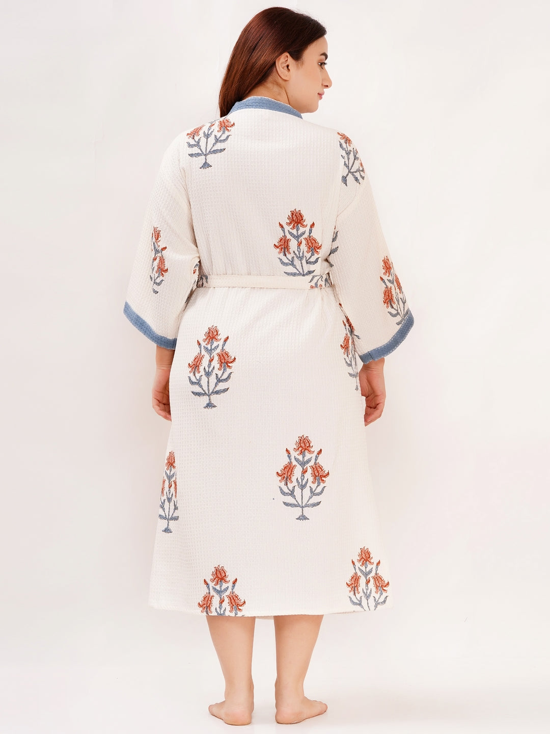 Unisex Block Printed Waffle Pure Cotton Full sleeves Bathrobe