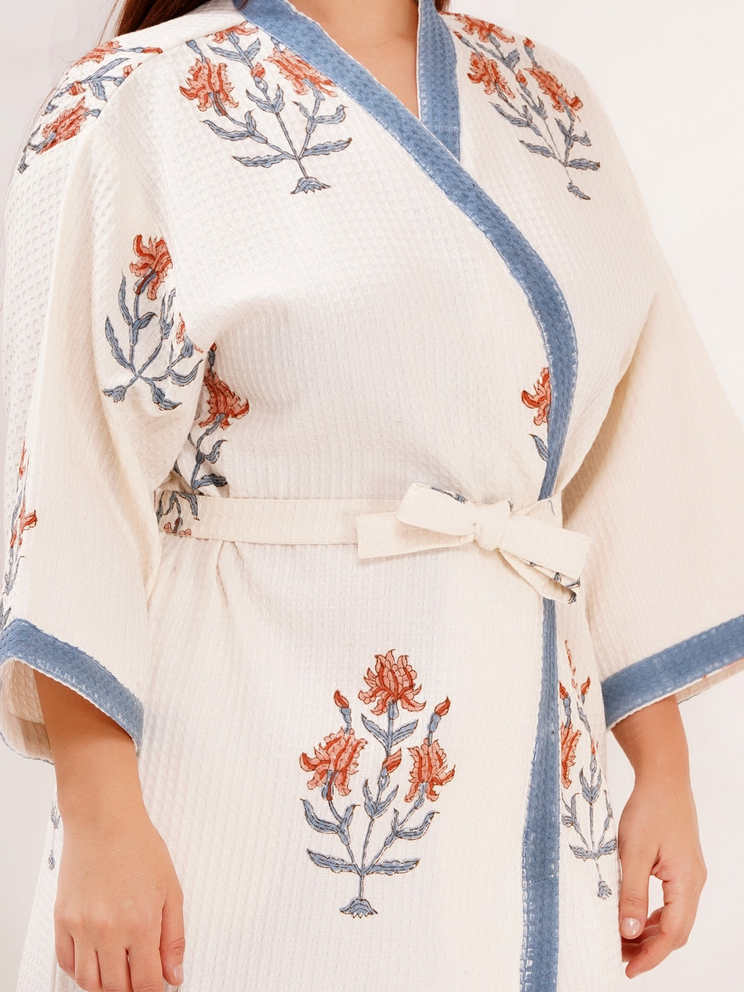 Unisex Block Printed Waffle Pure Cotton Full sleeves Bathrobe