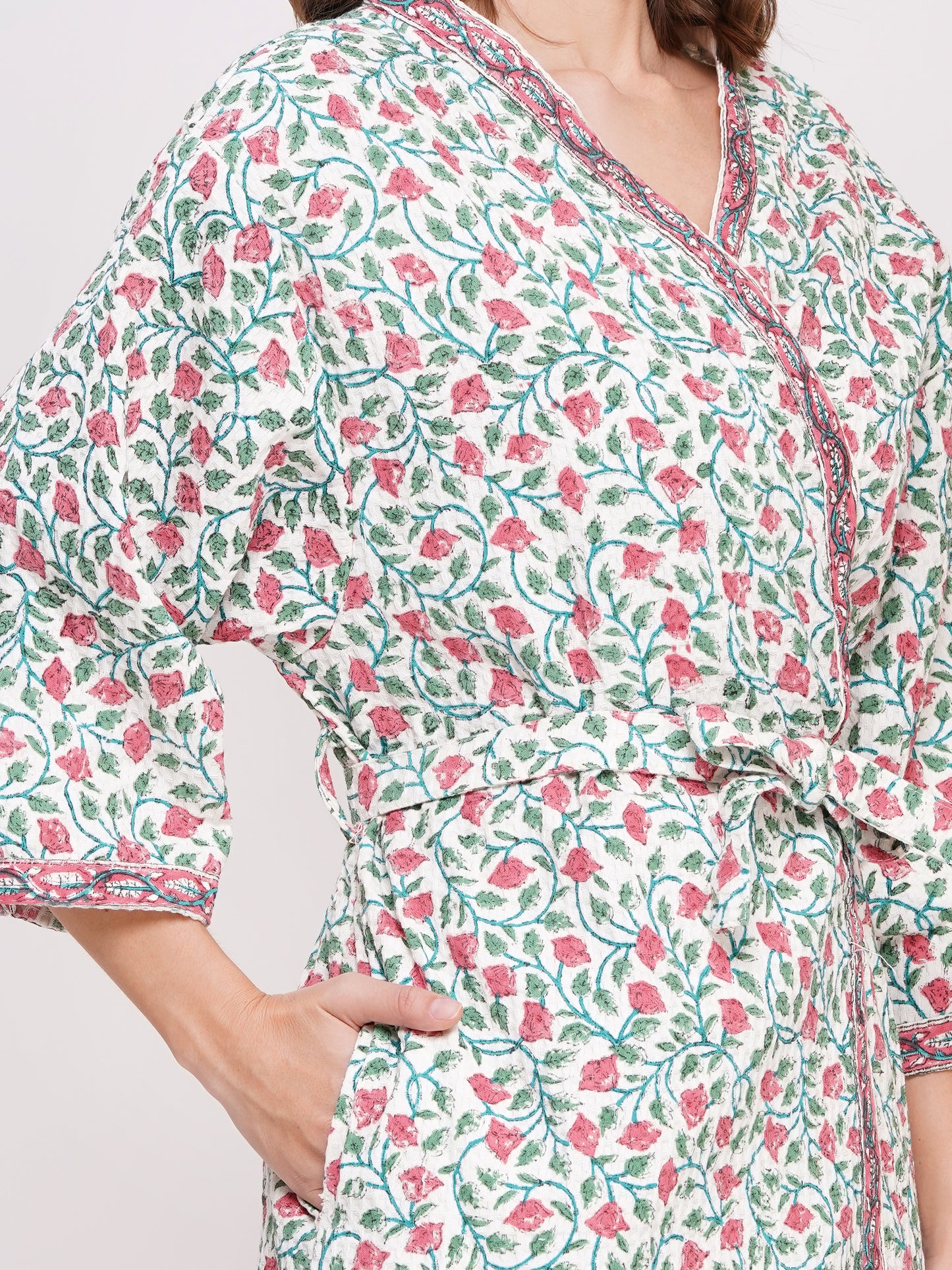 Unisex Block Printed Waffle Pure Cotton Full sleeves Bathrobe