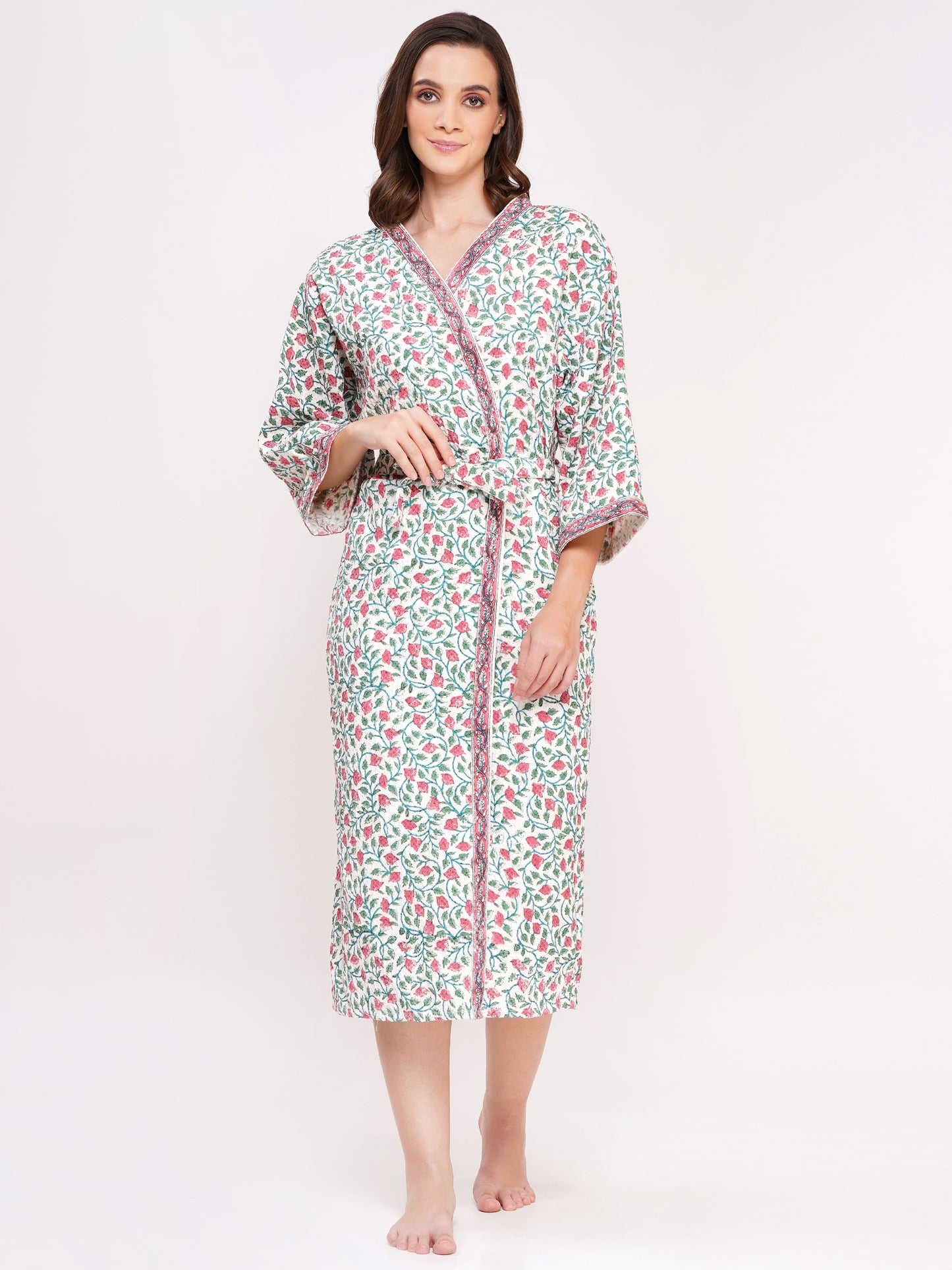 Unisex Block Printed Waffle Pure Cotton Full sleeves Bathrobe