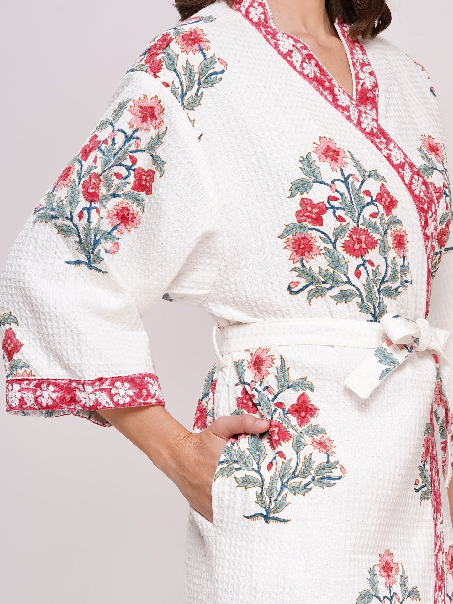 Unisex Block Printed Waffle Pure Cotton Full sleeves Bathrobe