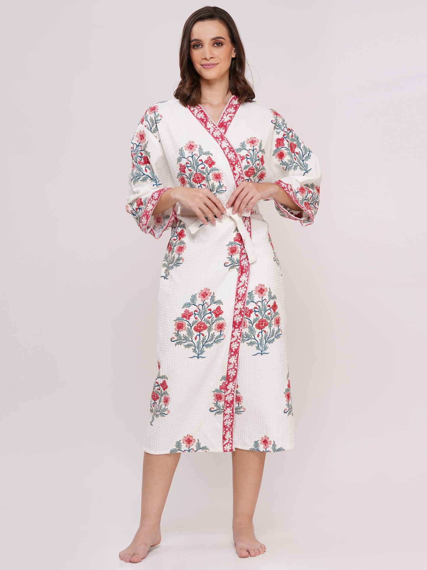 Unisex Block Printed Waffle Pure Cotton Full sleeves Bathrobe