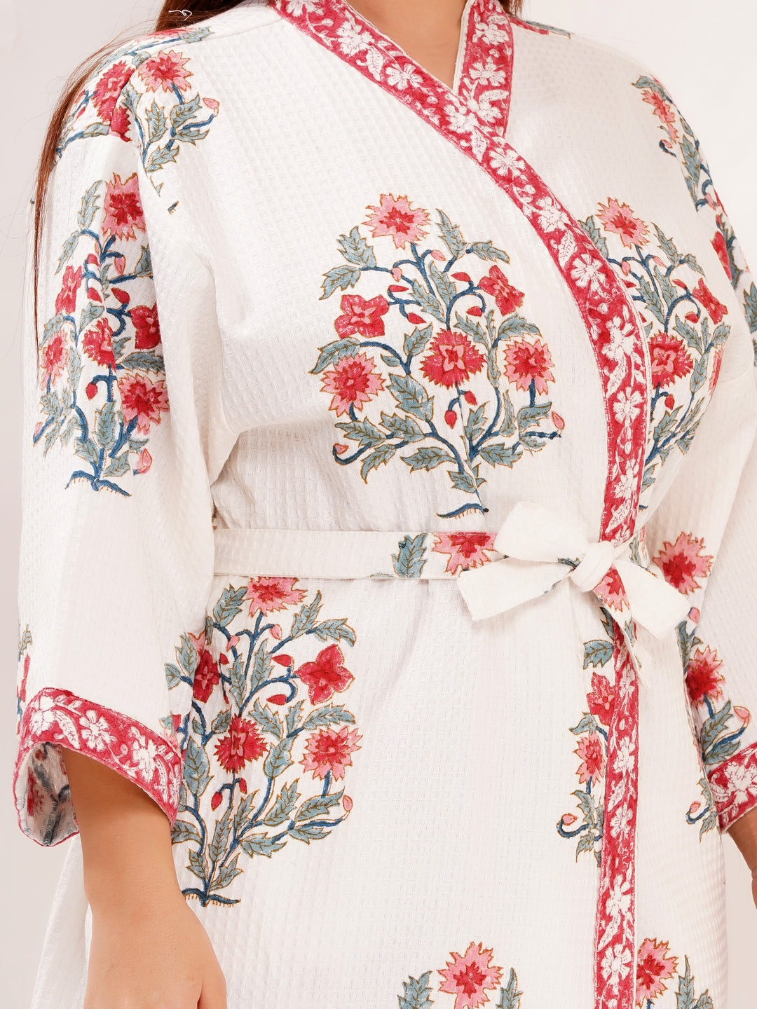 Unisex Block Printed Waffle Pure Cotton Full sleeves Bathrobe