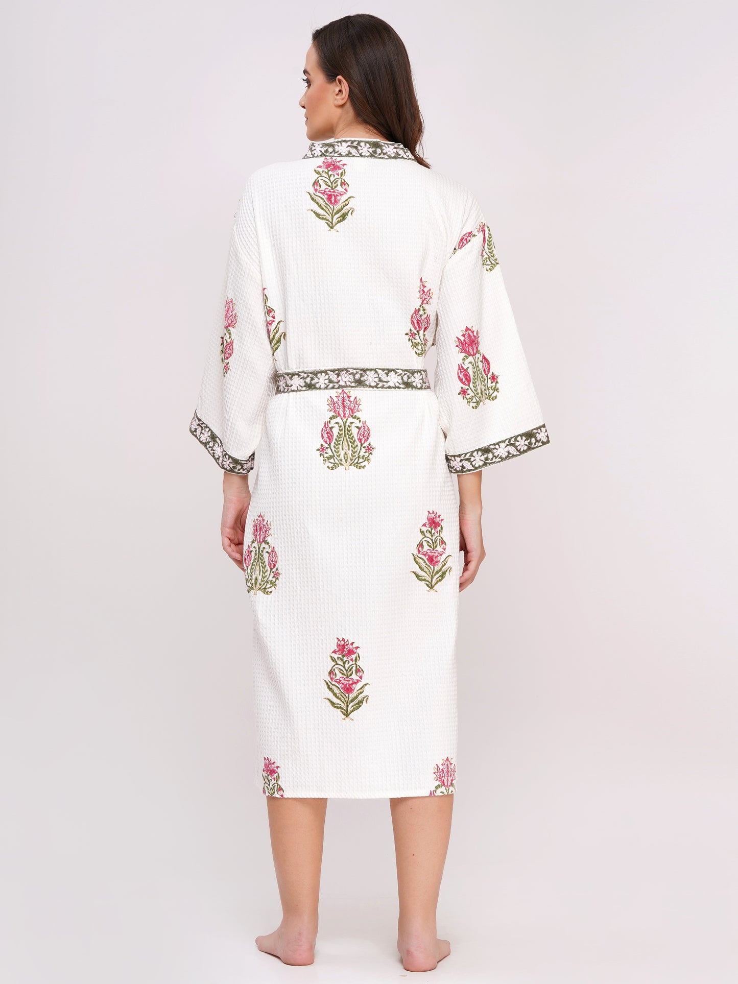 Unisex Block Printed Waffle Pure Cotton Full sleeves Bathrobe