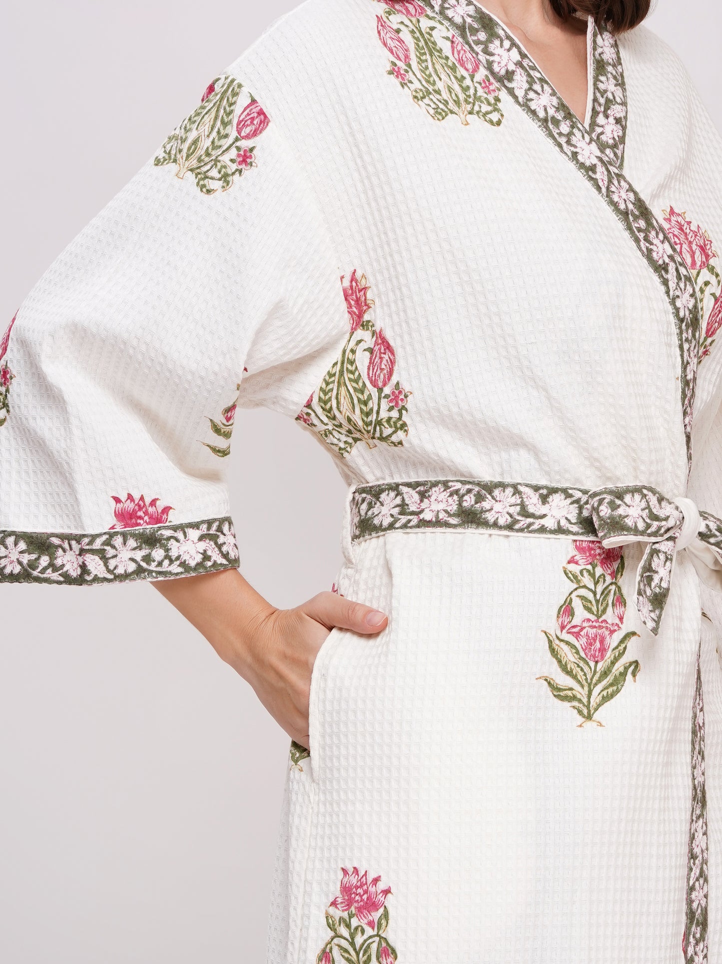 Unisex Block Printed Waffle Pure Cotton Full sleeves Bathrobe