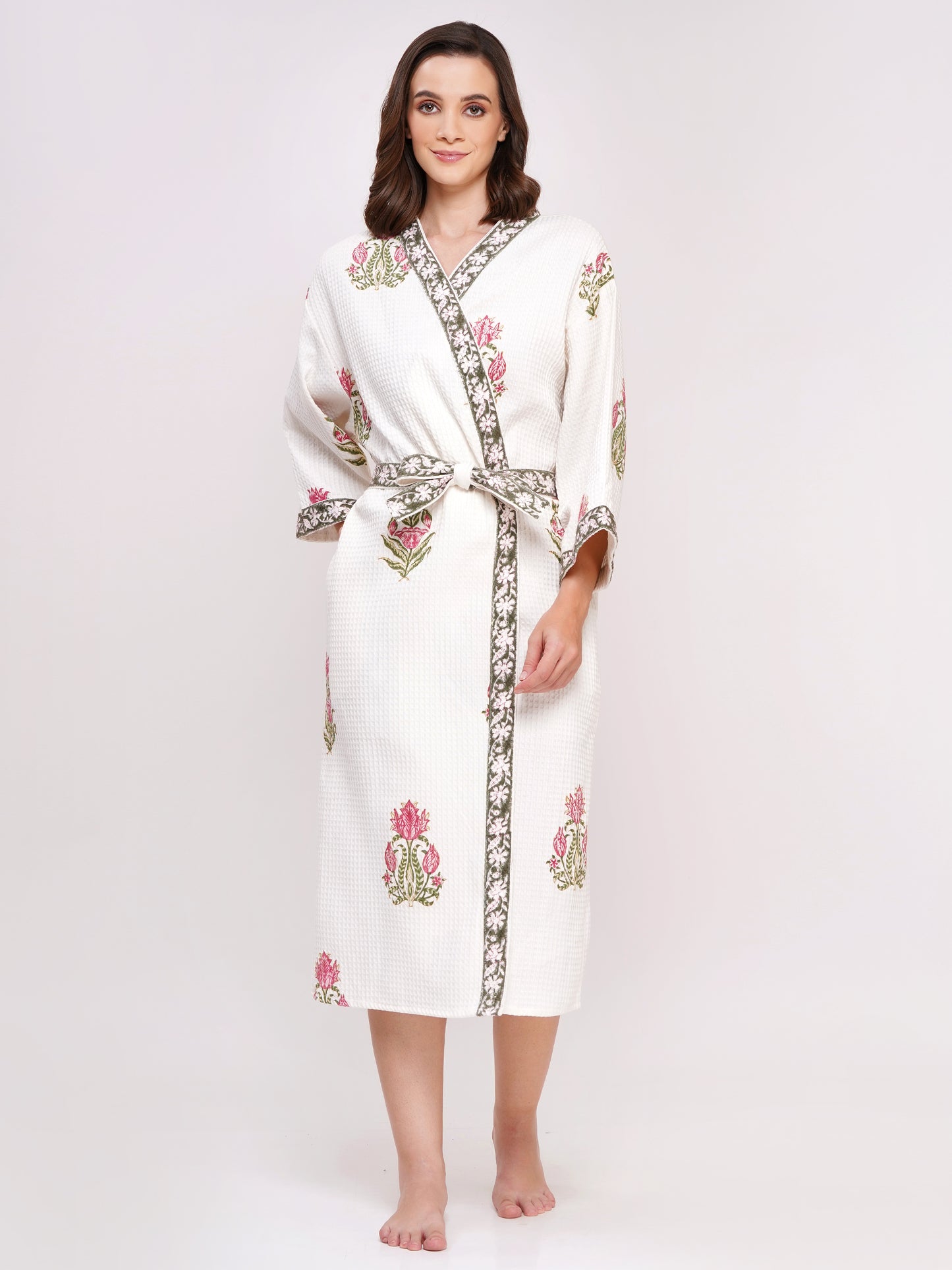 Unisex Block Printed Waffle Pure Cotton Full sleeves Bathrobe