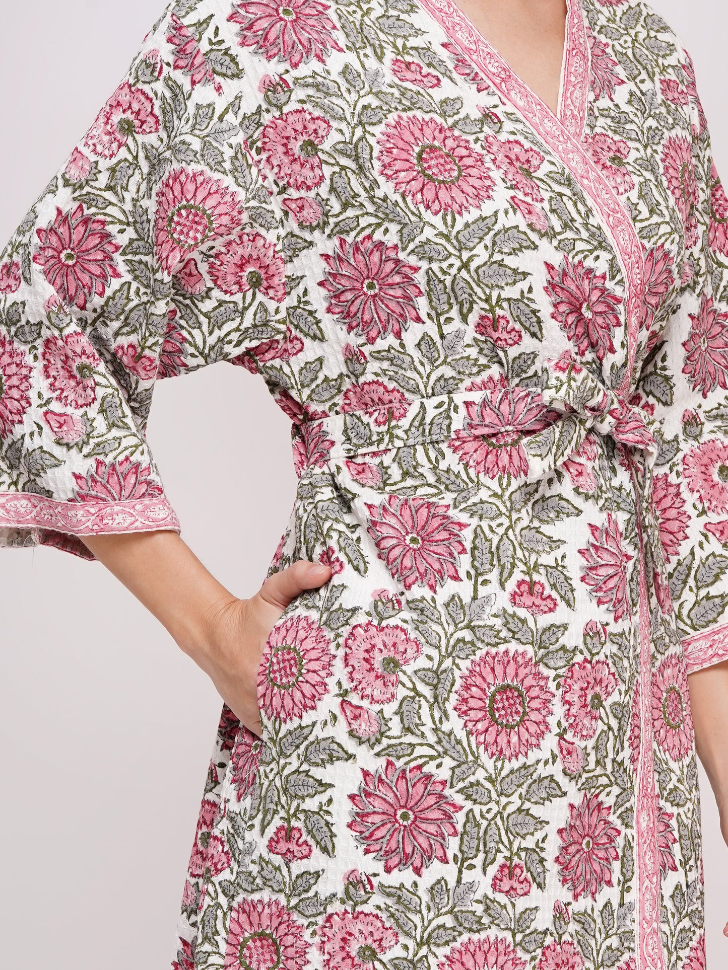 Unisex Block Printed Waffle Pure Cotton Full sleeves Bathrobe