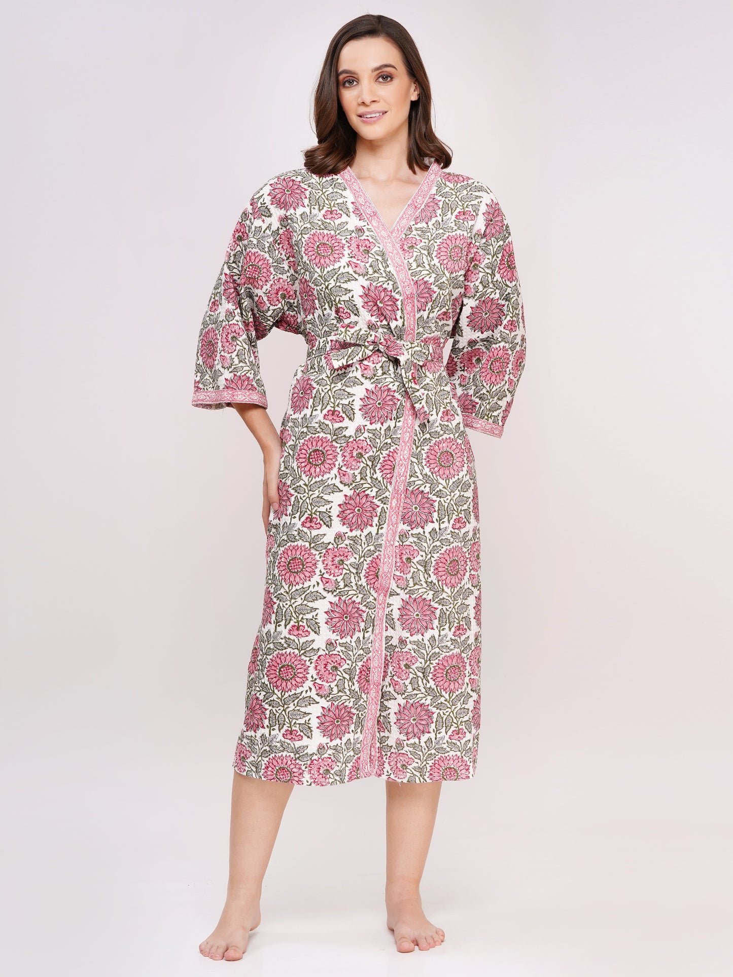 Unisex Block Printed Waffle Pure Cotton Full sleeves Bathrobe