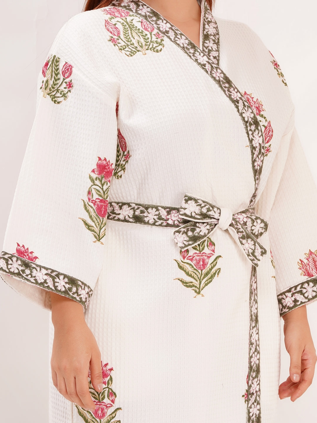 Unisex Block Printed Waffle Pure Cotton Full sleeves Bathrobe