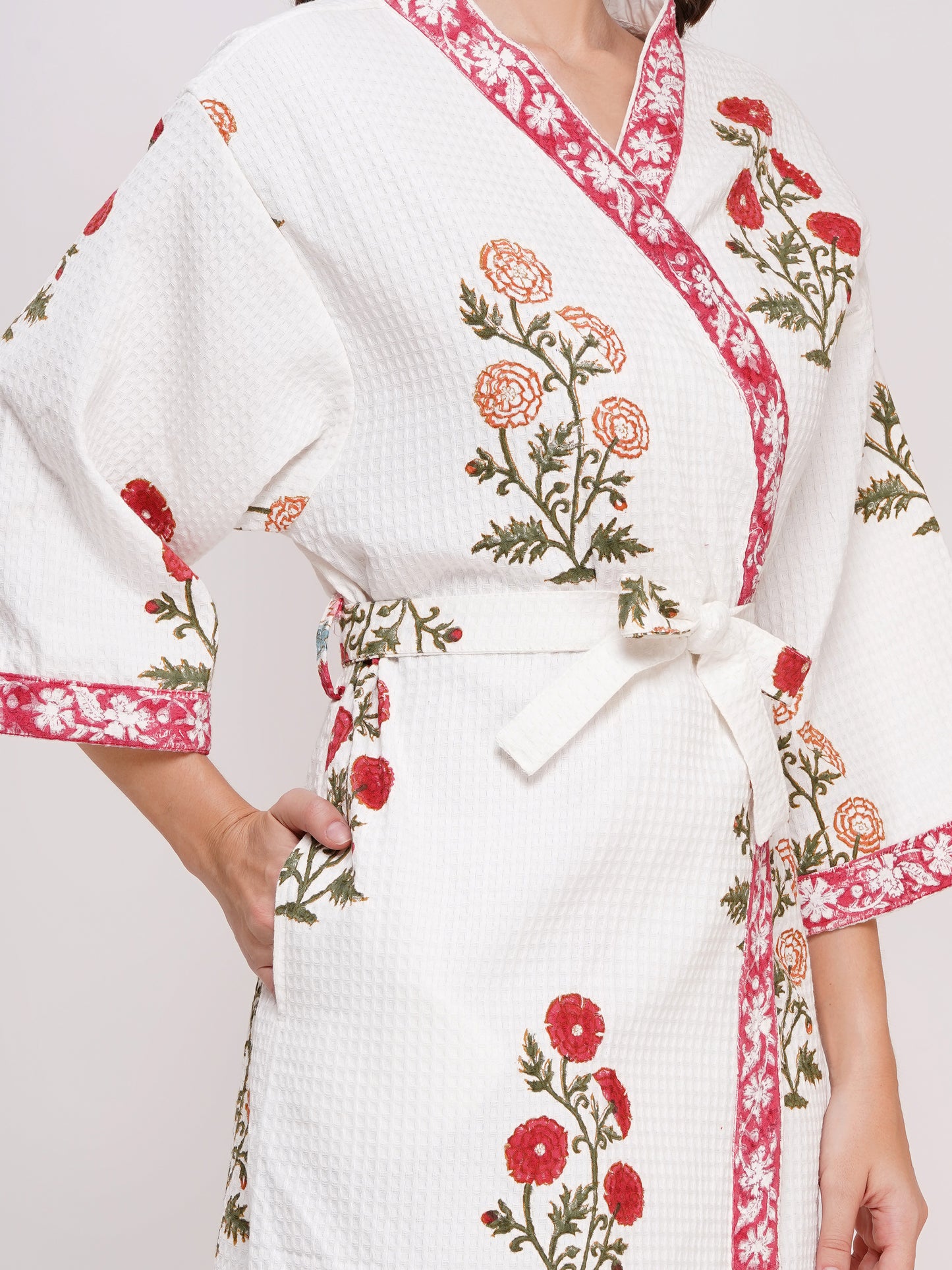 Unisex Block Printed Waffle Pure Cotton Full sleeves Bathrobe