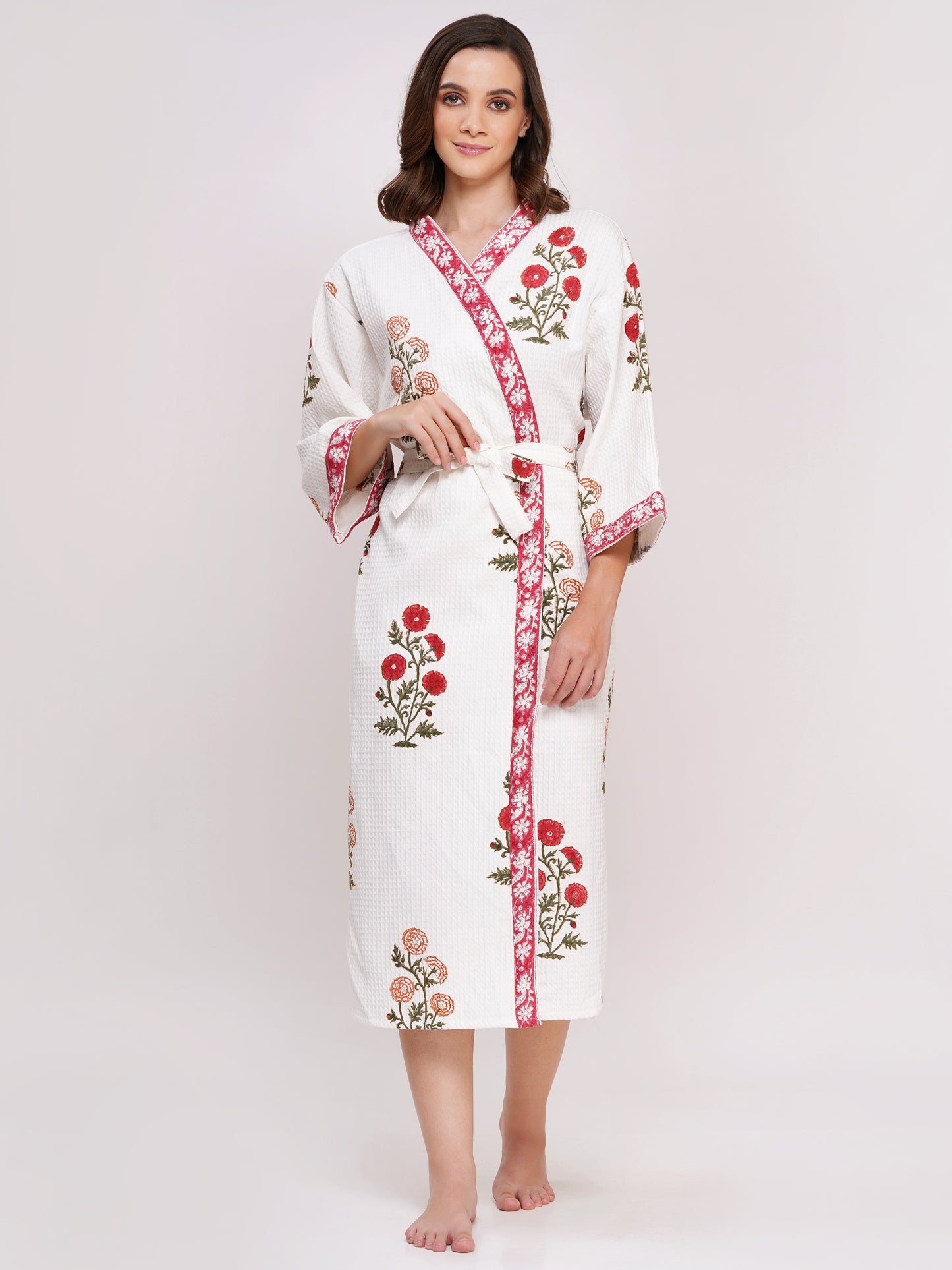 Unisex Block Printed Waffle Pure Cotton Full sleeves Bathrobe