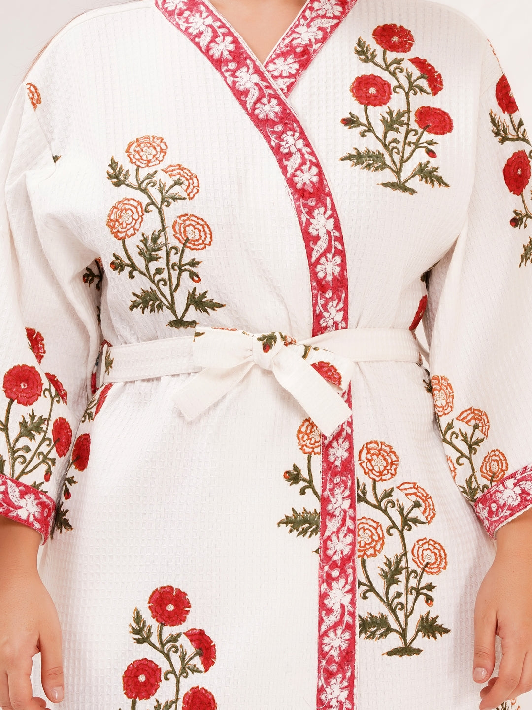 Unisex Block Printed Waffle Pure Cotton Full sleeves Bathrobe