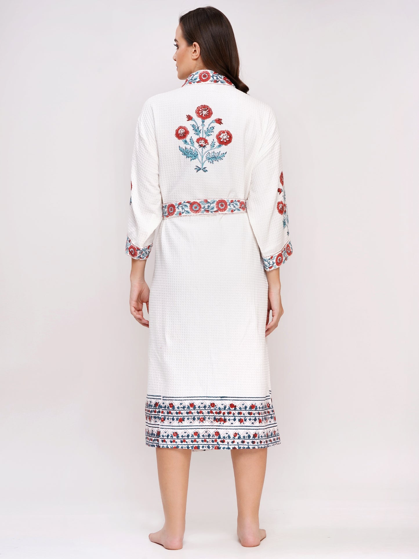 Unisex Block Printed Waffle Pure Cotton Full sleeves Bathrobe