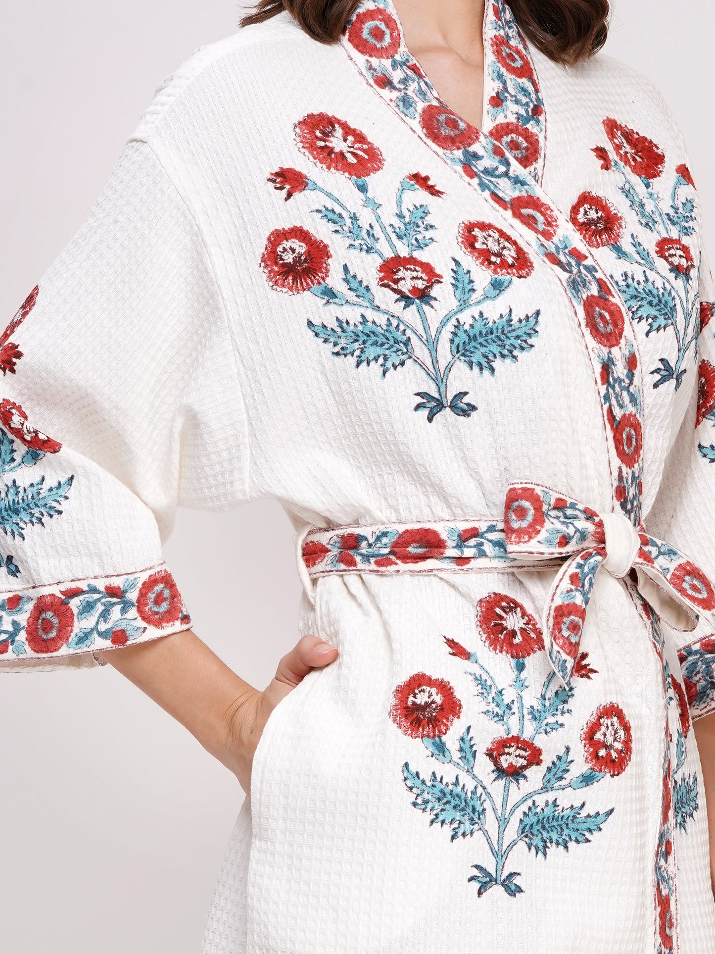 Unisex Block Printed Waffle Pure Cotton Full sleeves Bathrobe