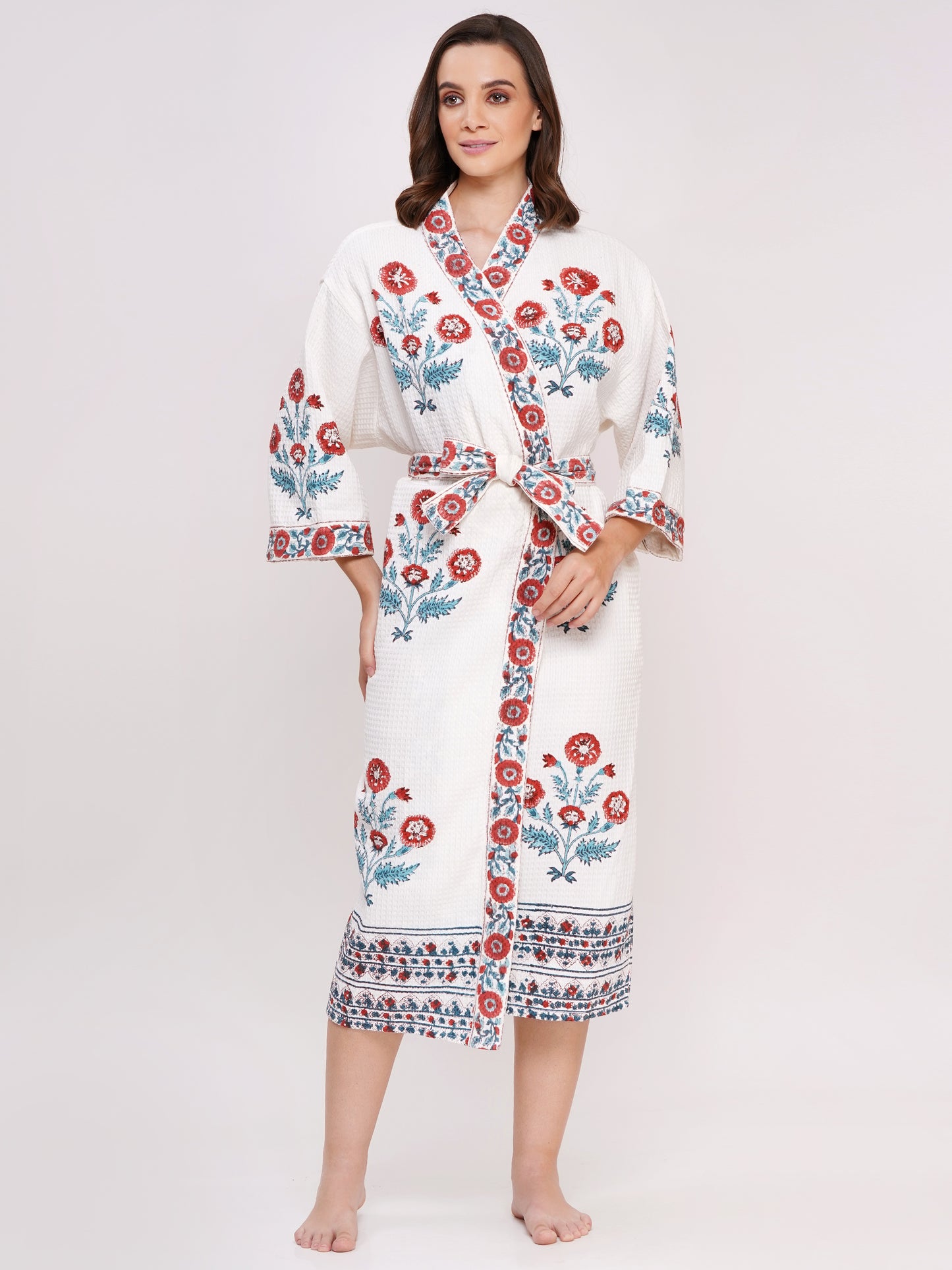 Unisex Block Printed Waffle Pure Cotton Full sleeves Bathrobe