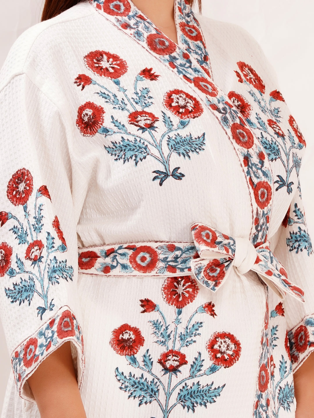 Unisex Block Printed Waffle Pure Cotton Full sleeves Bathrobe