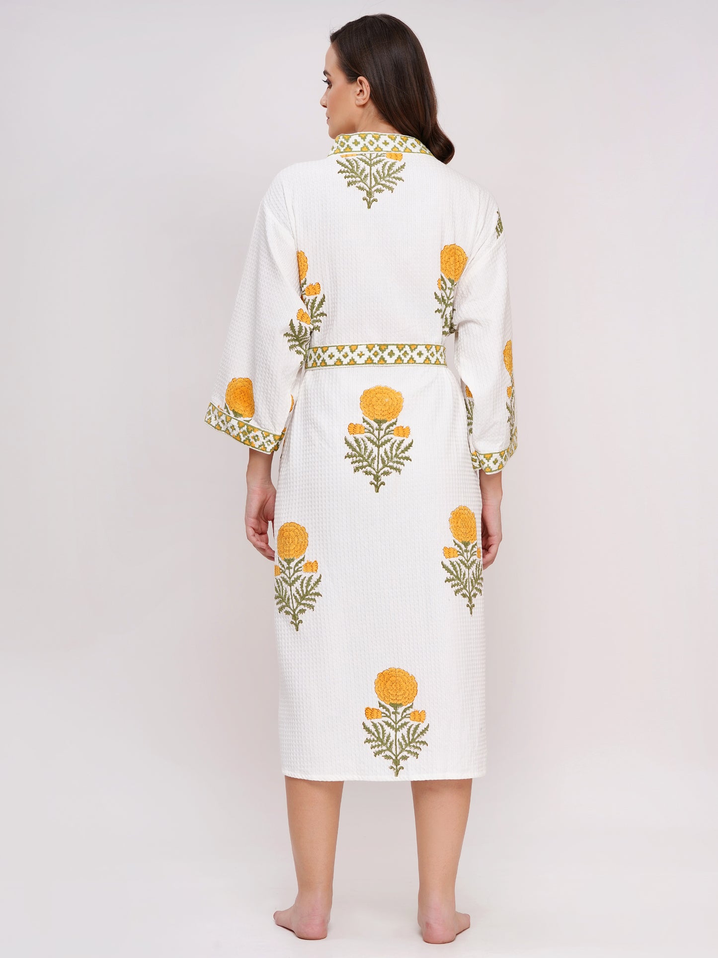 Unisex Block Printed Waffle Pure Cotton Full sleeves Bathrobe