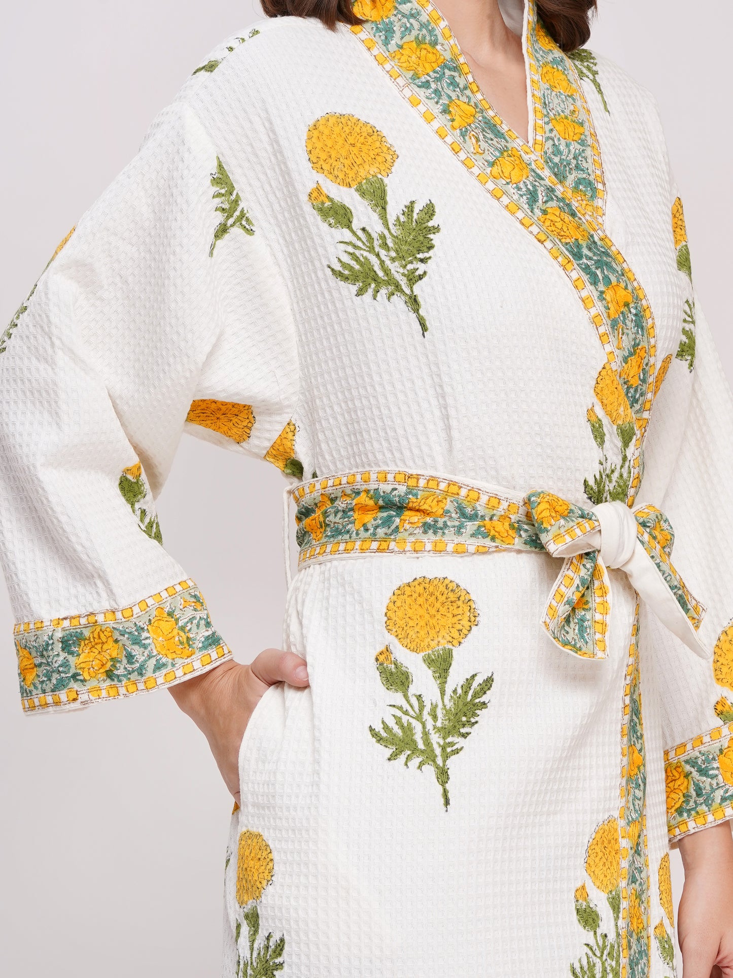 Unisex Block Printed Waffle Pure Cotton Full sleeves Bathrobe